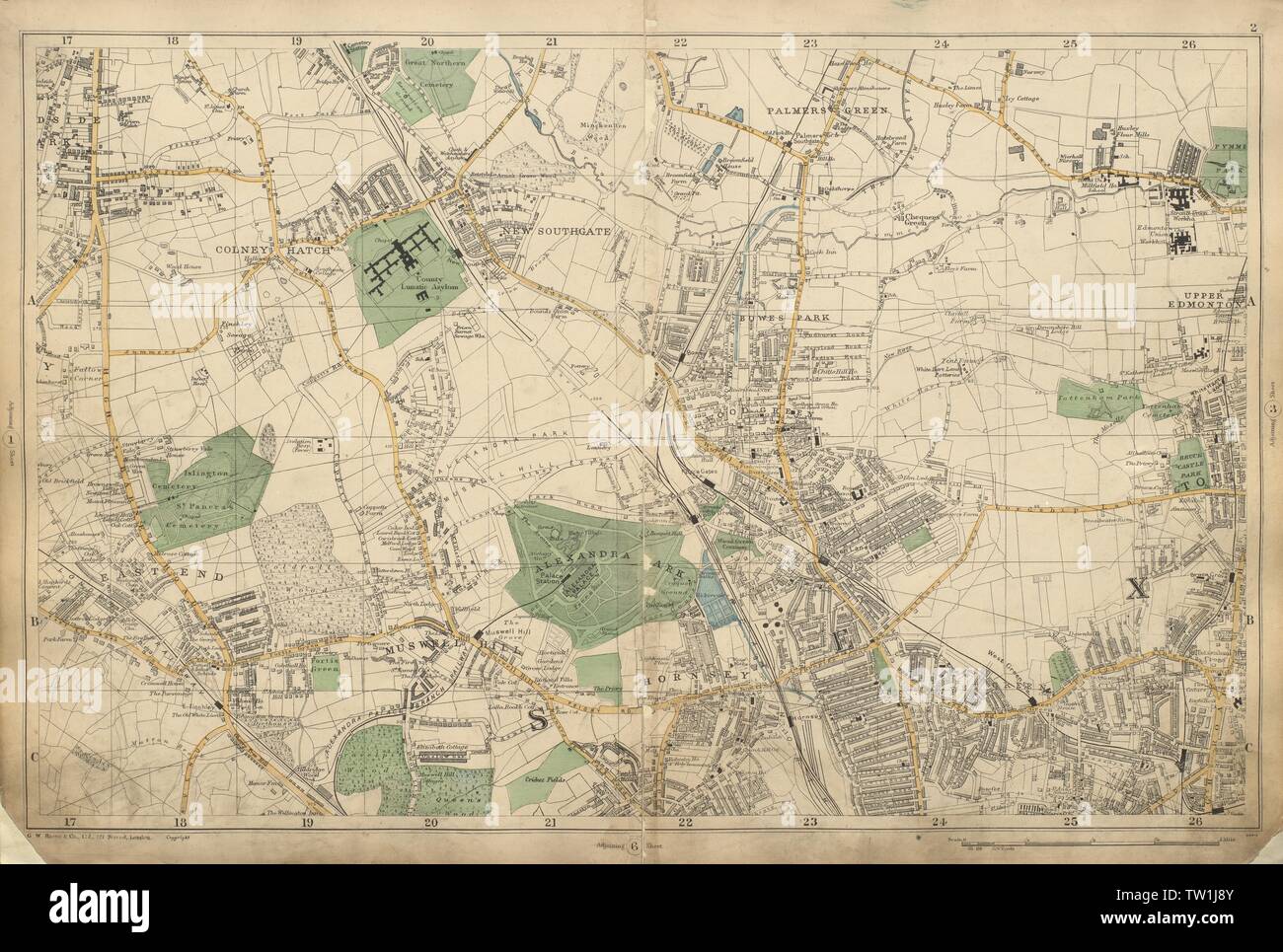 FRIERN BARNET/HORNSEY Palmers/Wood Green Muswell Hill Southgate BACON 1900 mappa Foto Stock