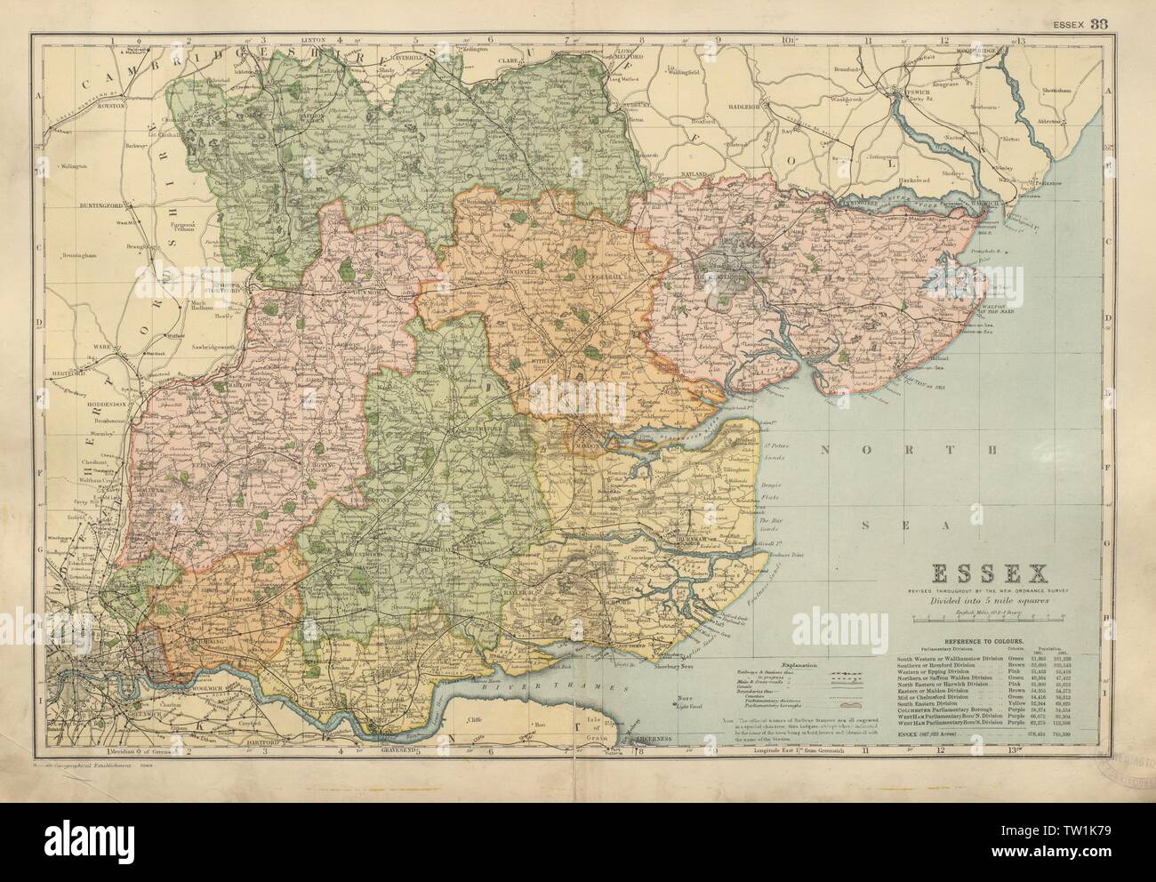 Contea di Essex mappa circoscrizioni parlamentare ferrovie divisioni BACON 1900 Foto Stock