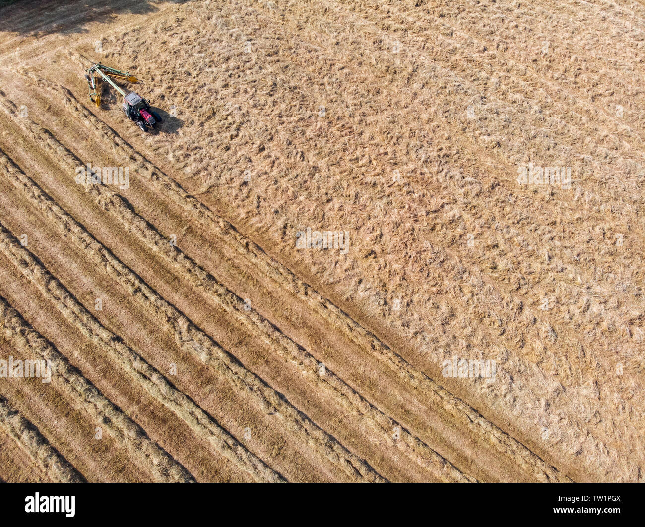 Natura e paesaggio, vista aerea di campi con il trattore con la rotopressa e il trattore con un rastrello, macchine per la raccolta e la pressatura del fieno. Foto Stock