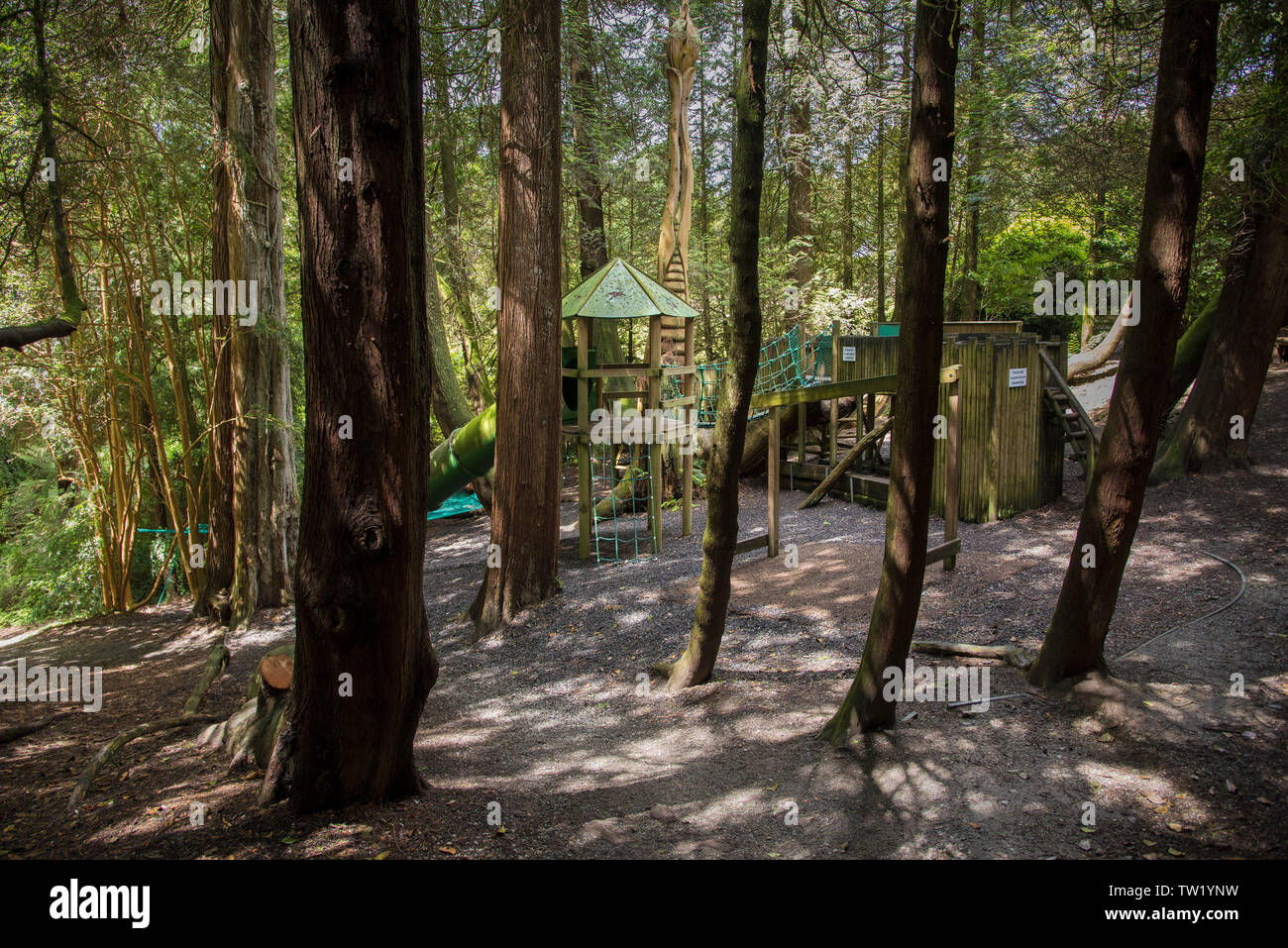 Un avventura per bambini Parco giochi situato in una zona boschiva di Trebah giardino in Cornovaglia. Foto Stock