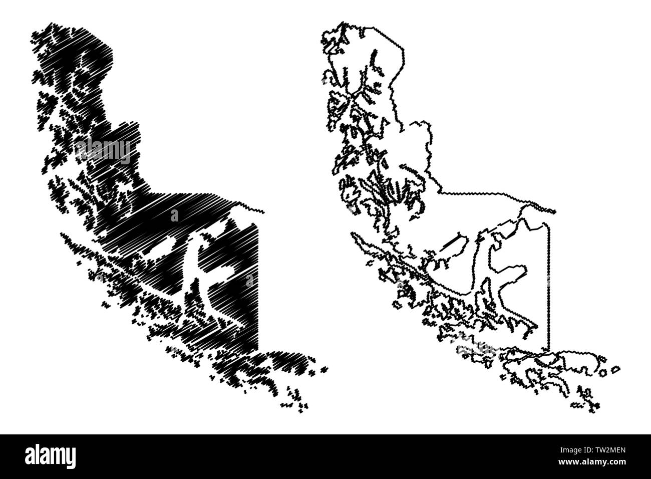 Regione di Magallanes (Repubblica del Cile, le divisioni amministrative del Cile) Mappa illustrazione vettoriale, scribble schizzo Magallanes e Antartide cilena ma Illustrazione Vettoriale