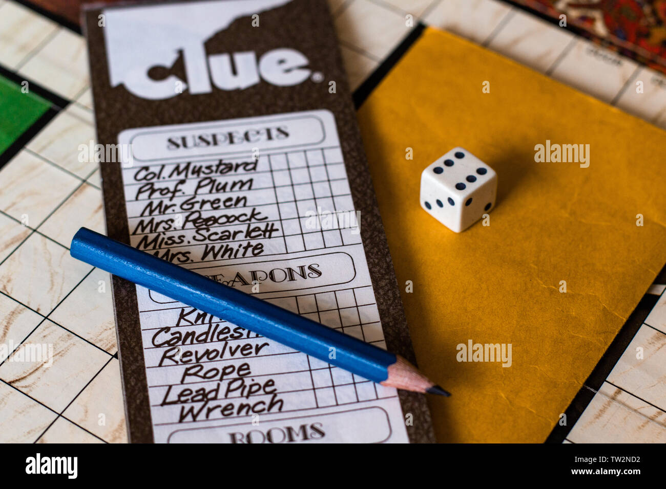 Indizio 1972 - La lista di controllo del gioco Foto Stock