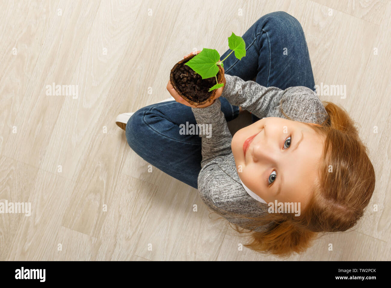 Vista dall'alto di un bambino seduto sul pavimento e tenendo una pianta giovane. La bambina sta guardando la telecamera. Il concetto di ecologia, natura cura. Foto Stock