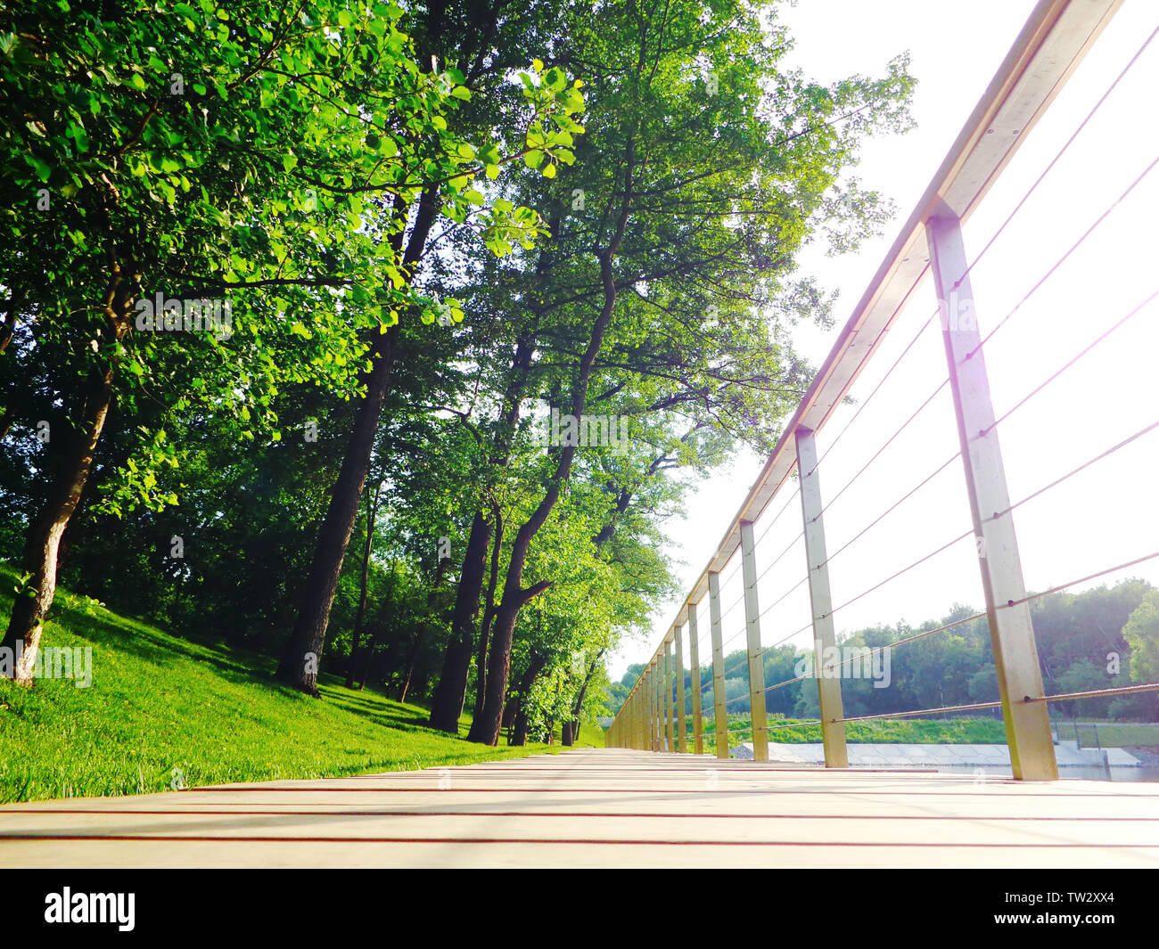 In legno percorso a piedi con ringhiere lungo il laghetto estate city park, prospettiva, bassa angolazione Foto Stock