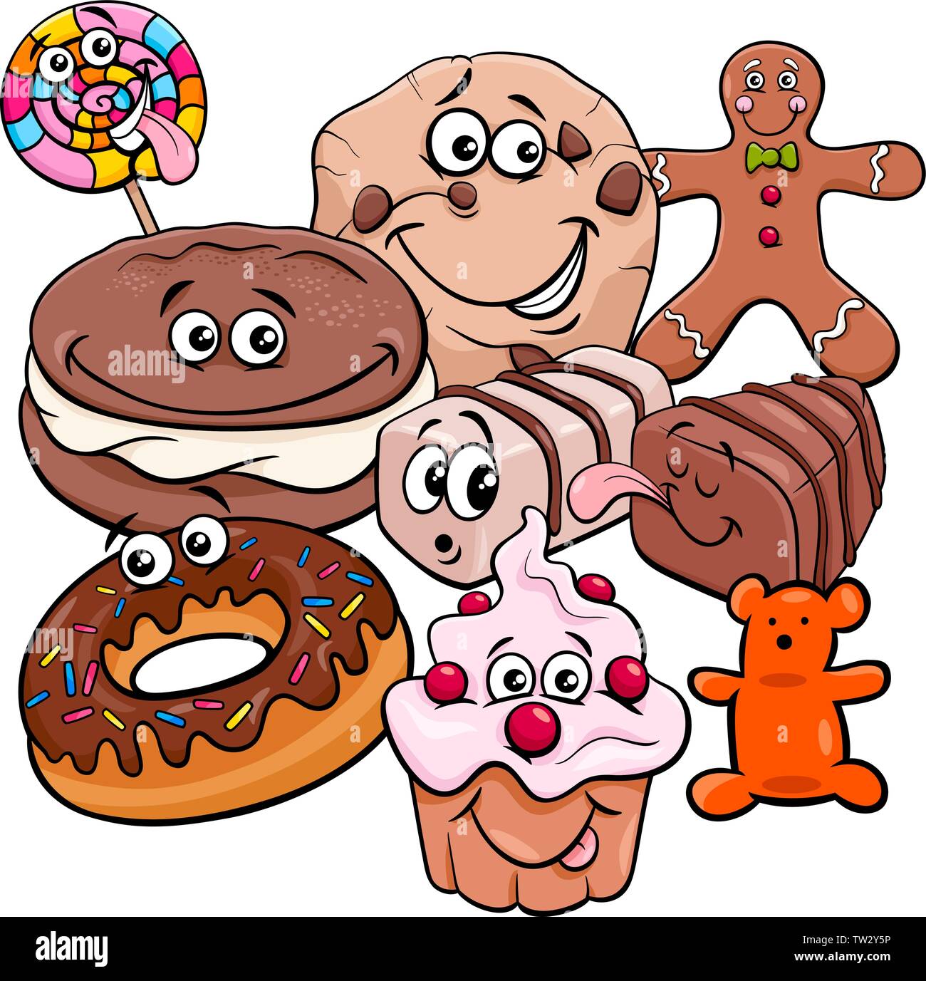 Cartoon illustrazione di Cibo dolce torte e biscotti gruppo di caratteri Illustrazione Vettoriale