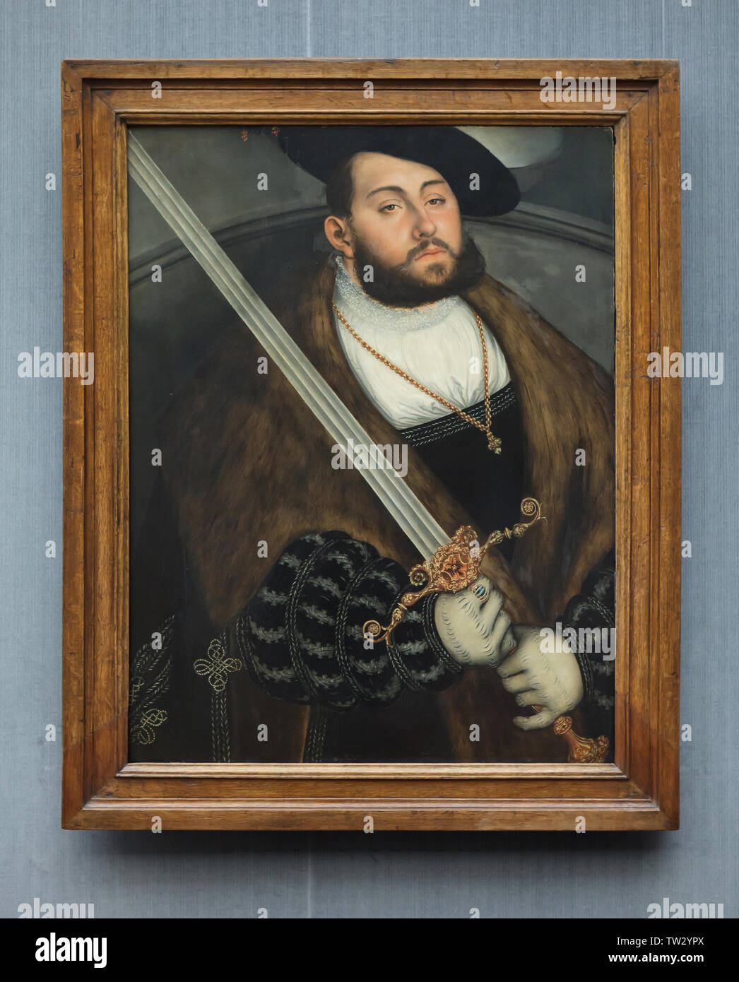 Elettore Giovanni Federico il magnanimo di Sassonia raffigurato nel ritratto di artista del Rinascimento tedesco Lucas Cranach il Vecchio (1503-1554) sul display al Berliner Gemäldegalerie (Berlino Picture Gallery di Berlino, Germania. Foto Stock