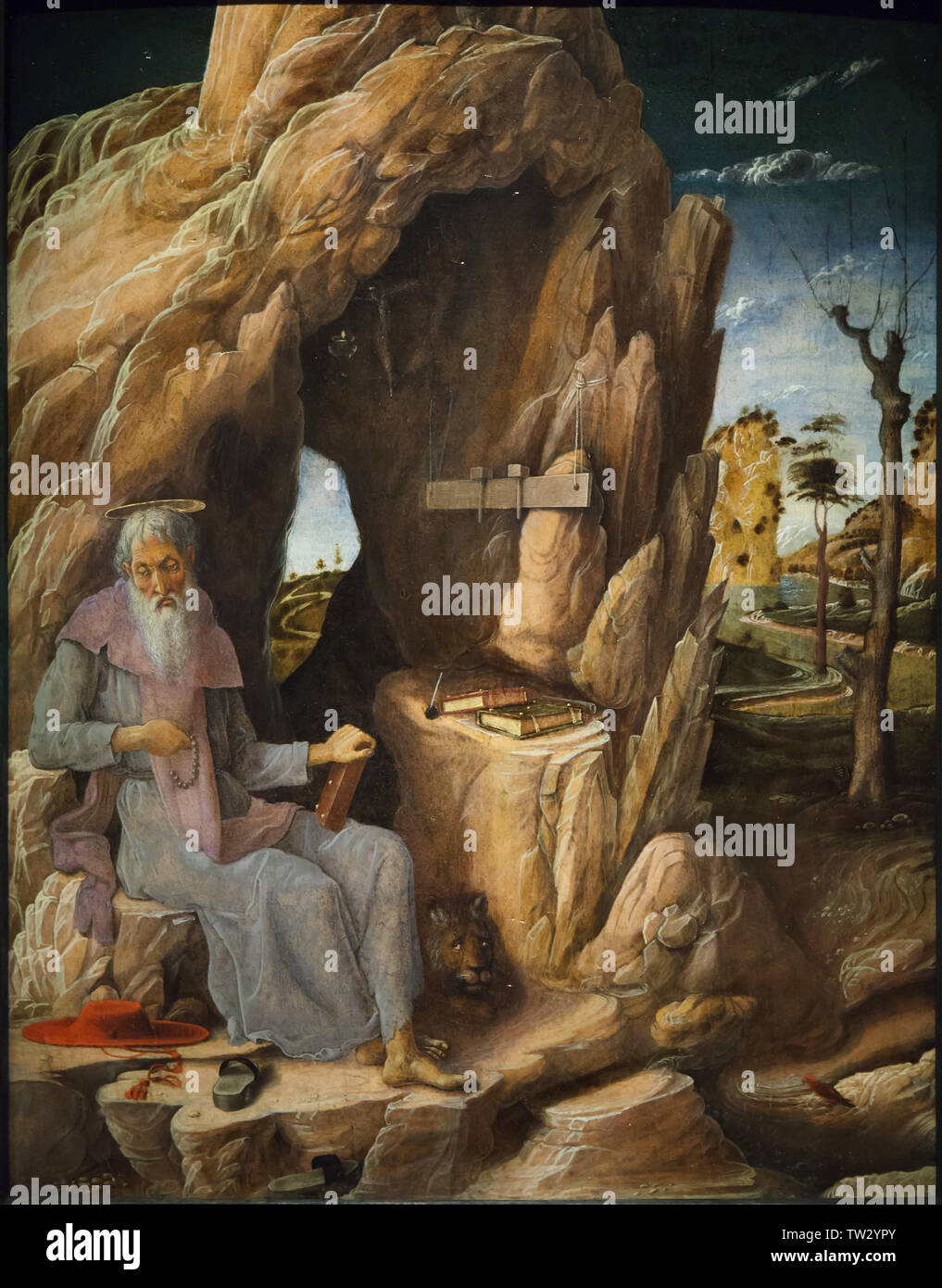 La pittura di 'Saint Girolamo penitente nel deserto dagli italiani pittore rinascimentale Andrea Mantegna (1448-1451) sul display alla sua mostra al Berliner Gemäldegalerie (Berlino Picture Gallery di Berlino, Germania. La mostra dedicata al Rinascimento italiano pittori Andrea Mantegna e Giovanni Bellini corre fino al 30 giugno 2019. Foto Stock