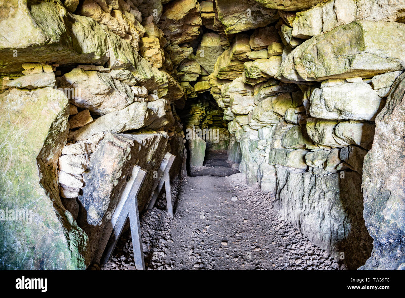 Stoney Littleton Neolitico chambered long barrow vicino Wellow nel Somerset, Regno Unito Foto Stock