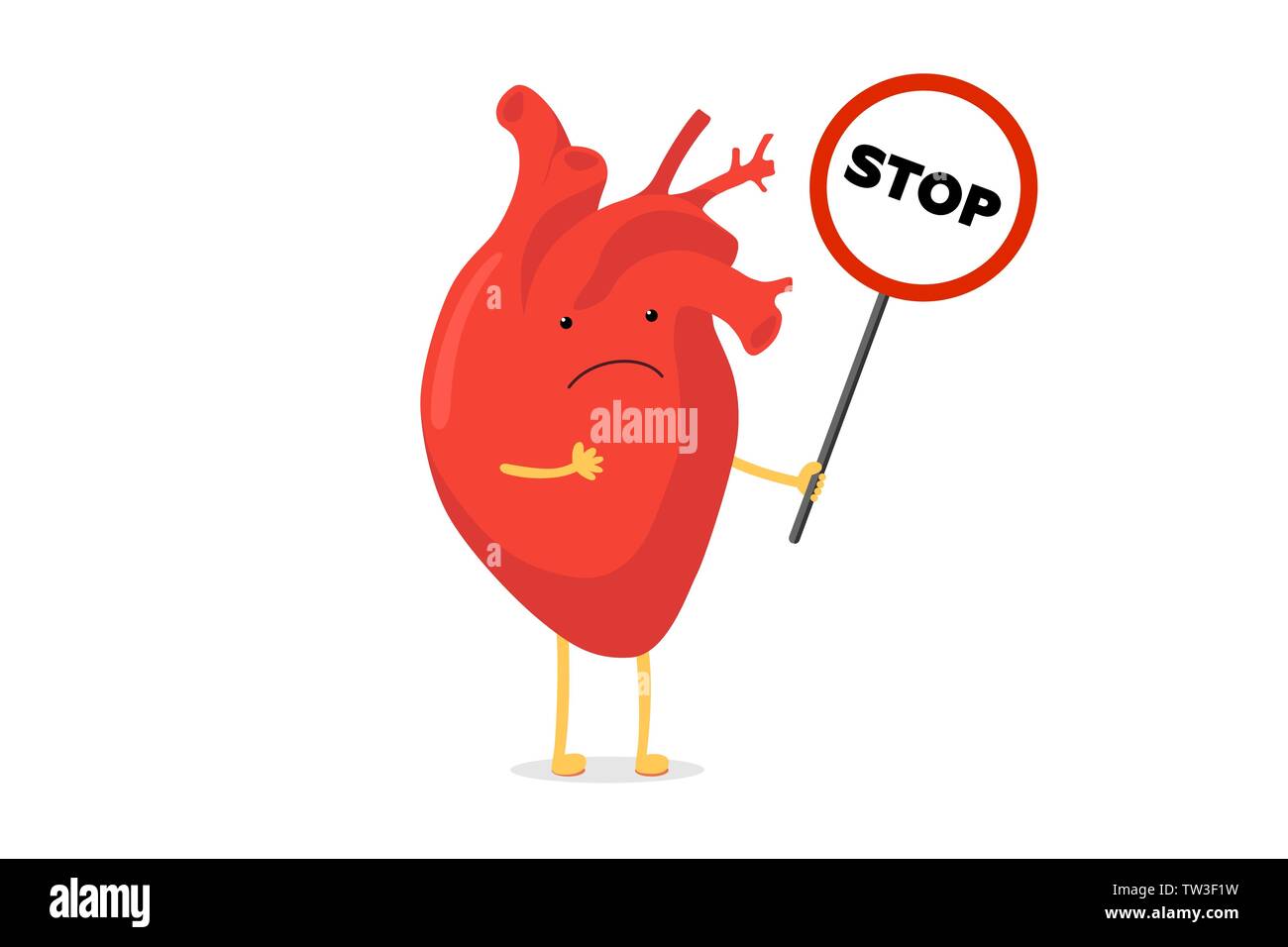 Cartoon anatomica umana cuore malsano di caratteri Emoji malati triste emozione. Vettore organo circolatorio con il segnale di arresto di attacco di cuore concetto illustrati eps Illustrazione Vettoriale