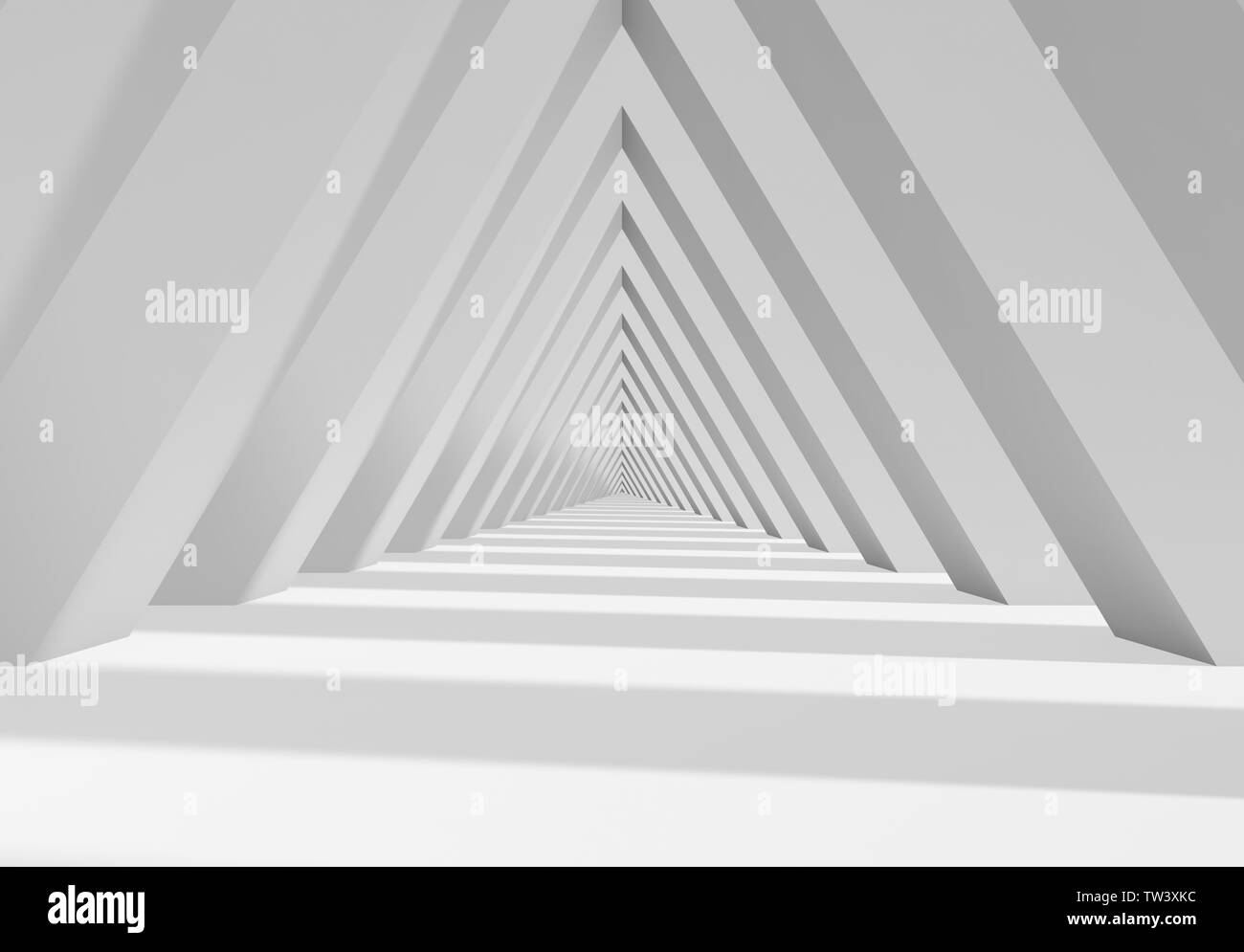 Abstract bianco a forma di triangolo, tunnel interni digitali sullo sfondo. 3D render illustrazione Foto Stock