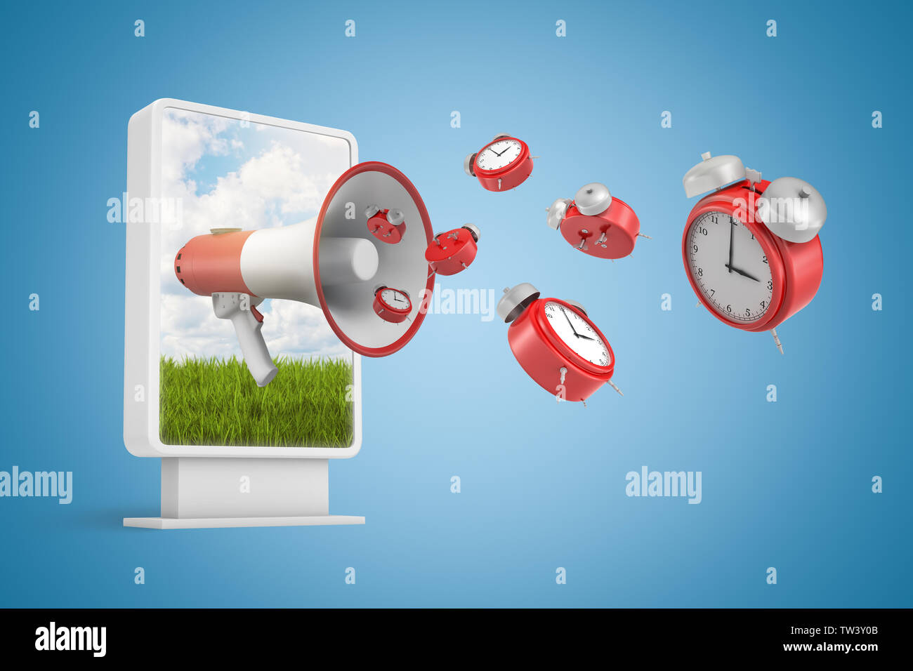 3D rendering di billboard verticale con megafono e allarme rosso orologi di volare su sfondo blu Foto Stock