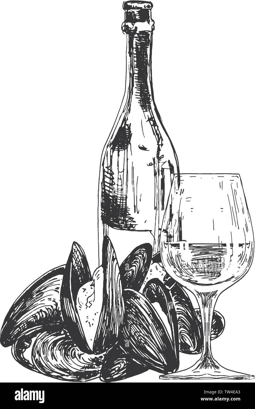 Composizione di vettore con cozze, bottiglia di vino e vetro Illustrazione Vettoriale