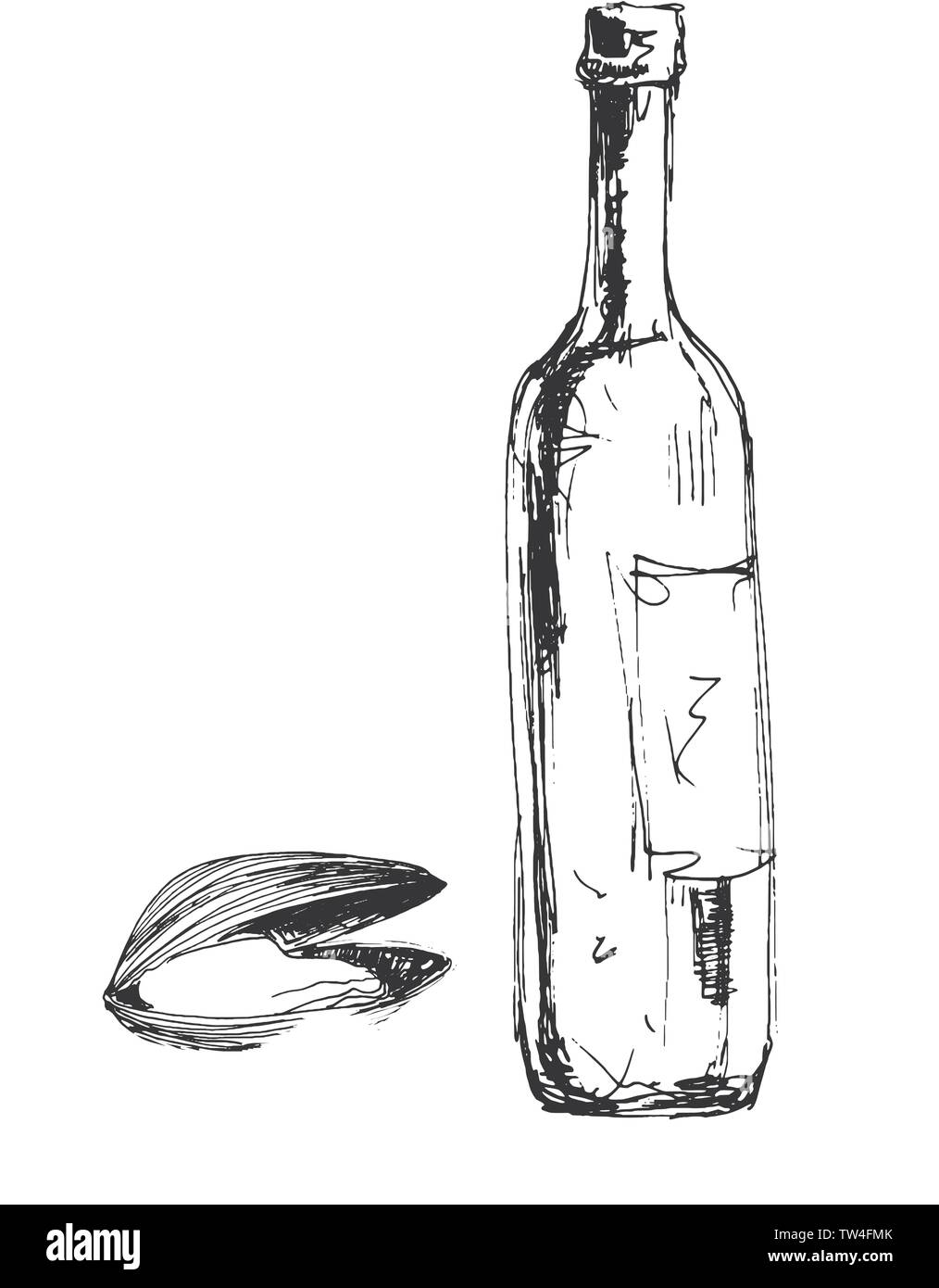 Composizione di vettore con cozze, bottiglia di vino e vetro Illustrazione Vettoriale