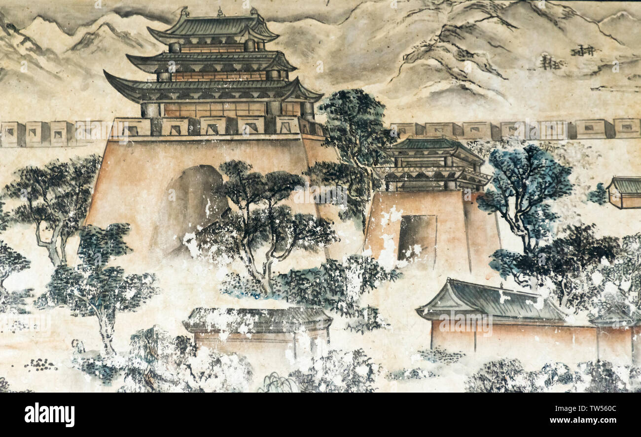 Il Murale che raccontano la storia del viaggio all'Ovest, Sanzang e dei suoi seguaci, Dafo (Grande Buddha) Tempio, Zhangye, provincia di Gansu, Cina Foto Stock