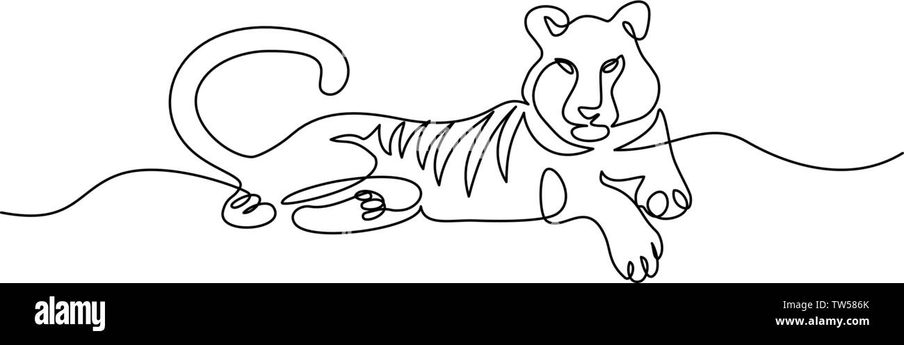 Continuo di un disegno della linea. Tiger resto giacenti. Illustrazione Vettoriale Illustrazione Vettoriale