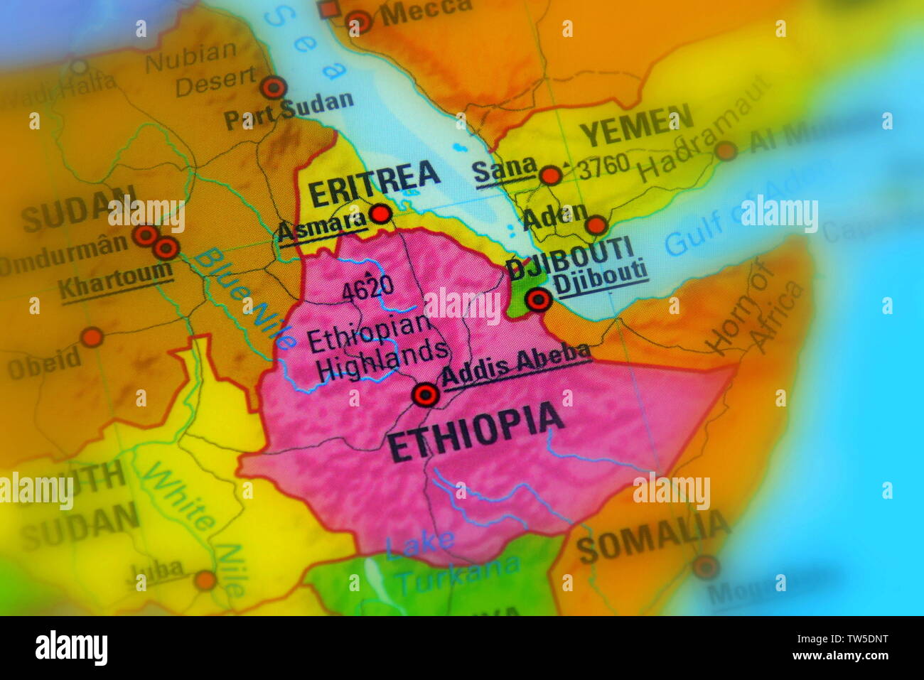 Etiopia ed Eritrea su una mappa, il fuoco selettivo. Foto Stock