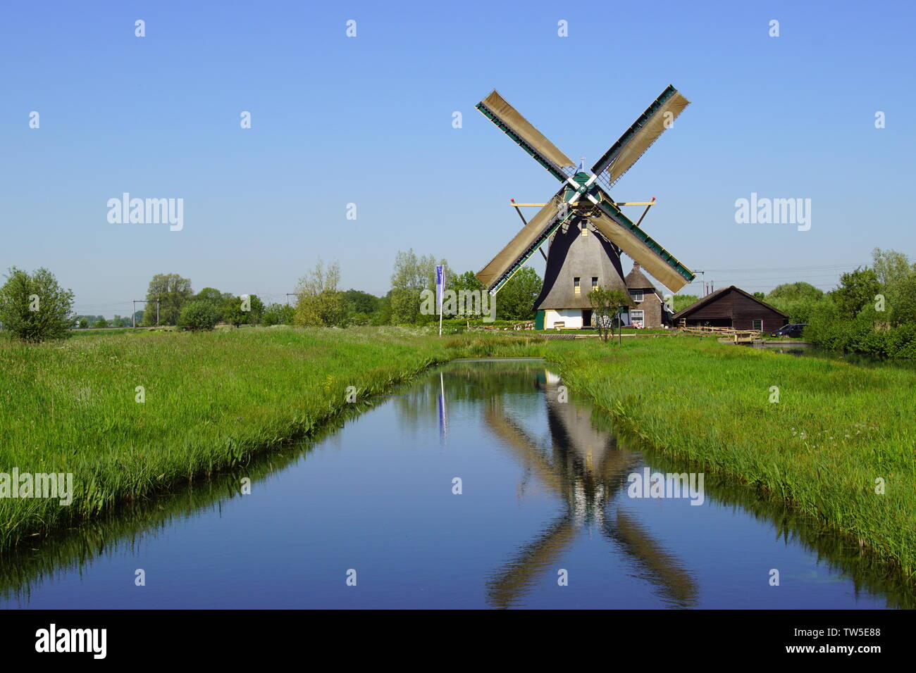 Tipico Olandese tradizionale mulino a vento in legno che riflette nell'acqua. Foto Stock