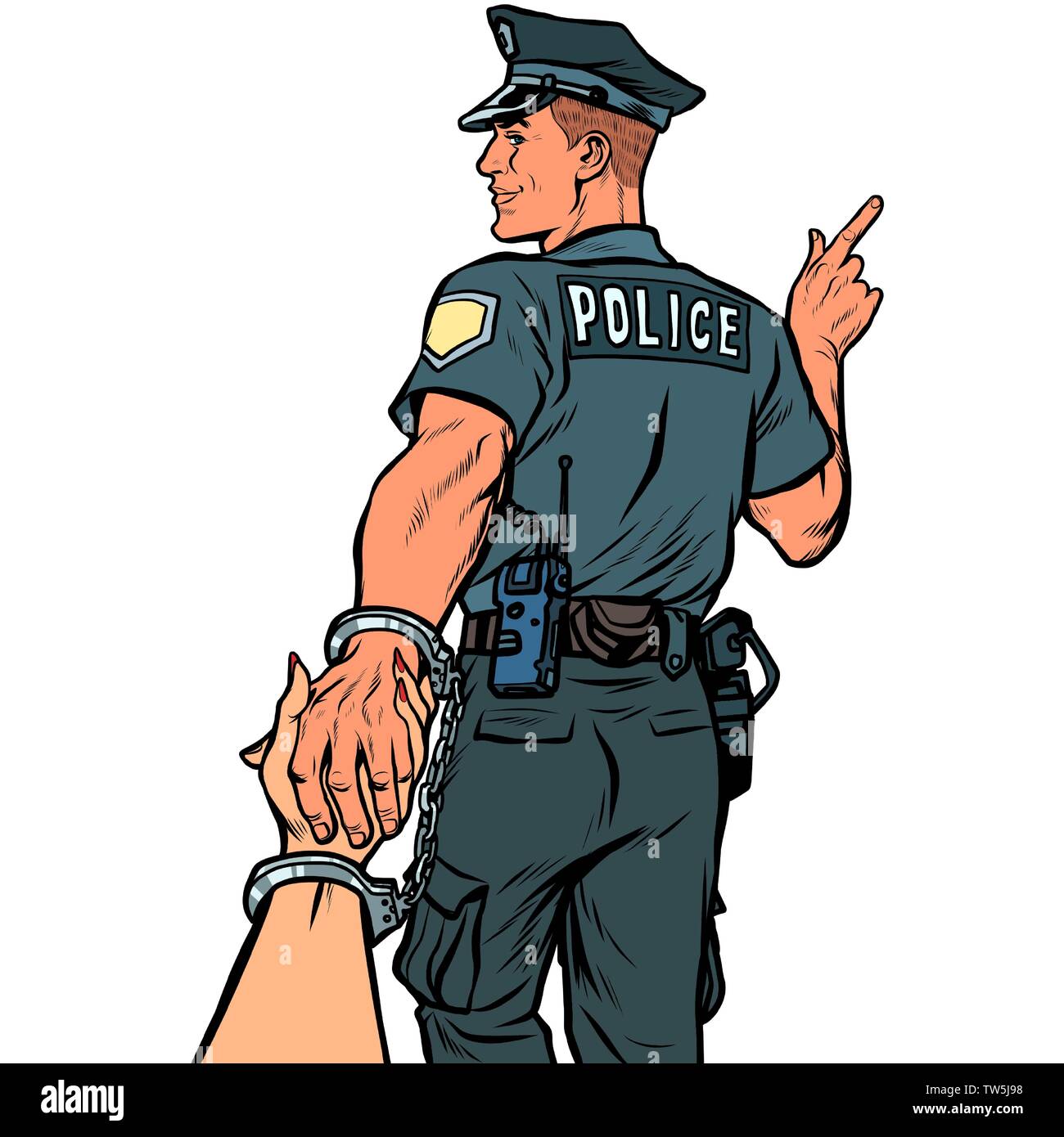 Follow me funzionario di polizia arrestati donna. isolare su sfondo bianco Illustrazione Vettoriale