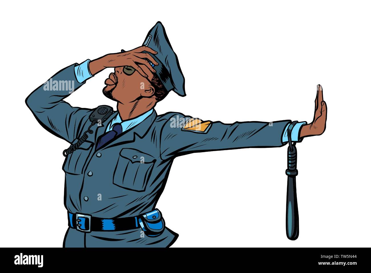 African funzionario di polizia. Gesto di negazione, vergogna Illustrazione Vettoriale
