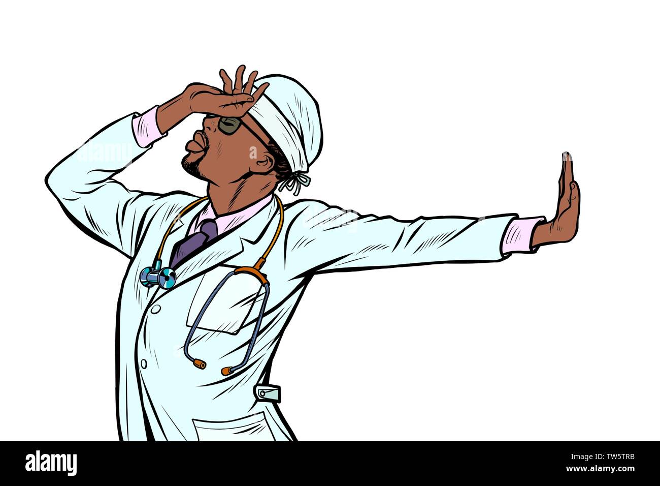 Medico africano uomo medicina. vergogna negazione gesto n. Illustrazione Vettoriale