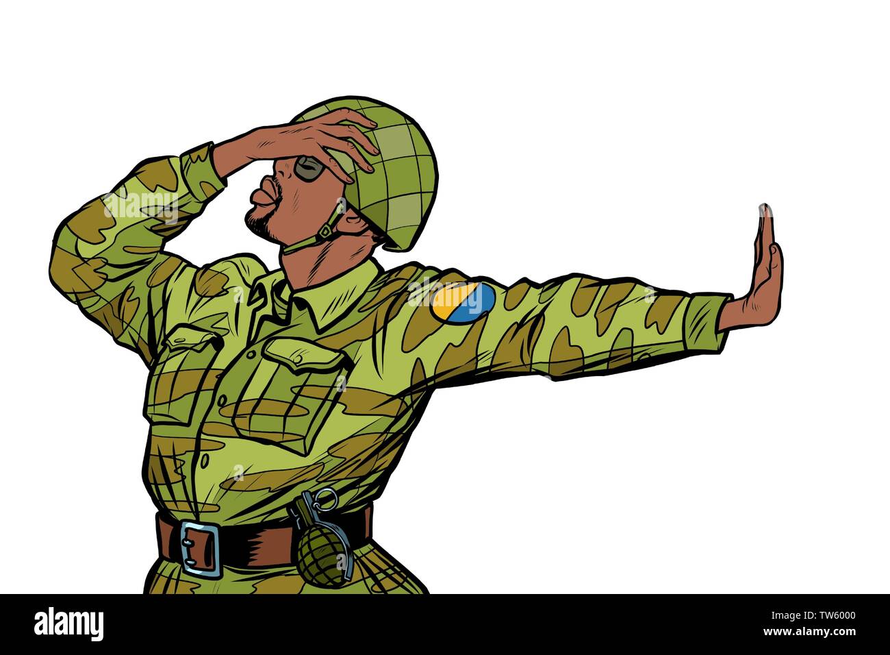 Soldato africani in uniforme vergogna negazione gesto no. anti militarismo pacifista Illustrazione Vettoriale