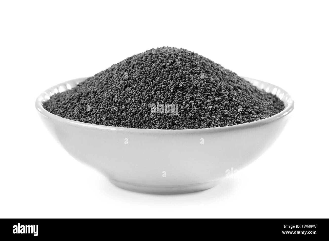 Mature di semi di papavero in vaso in ceramica isolata su bianco Foto Stock