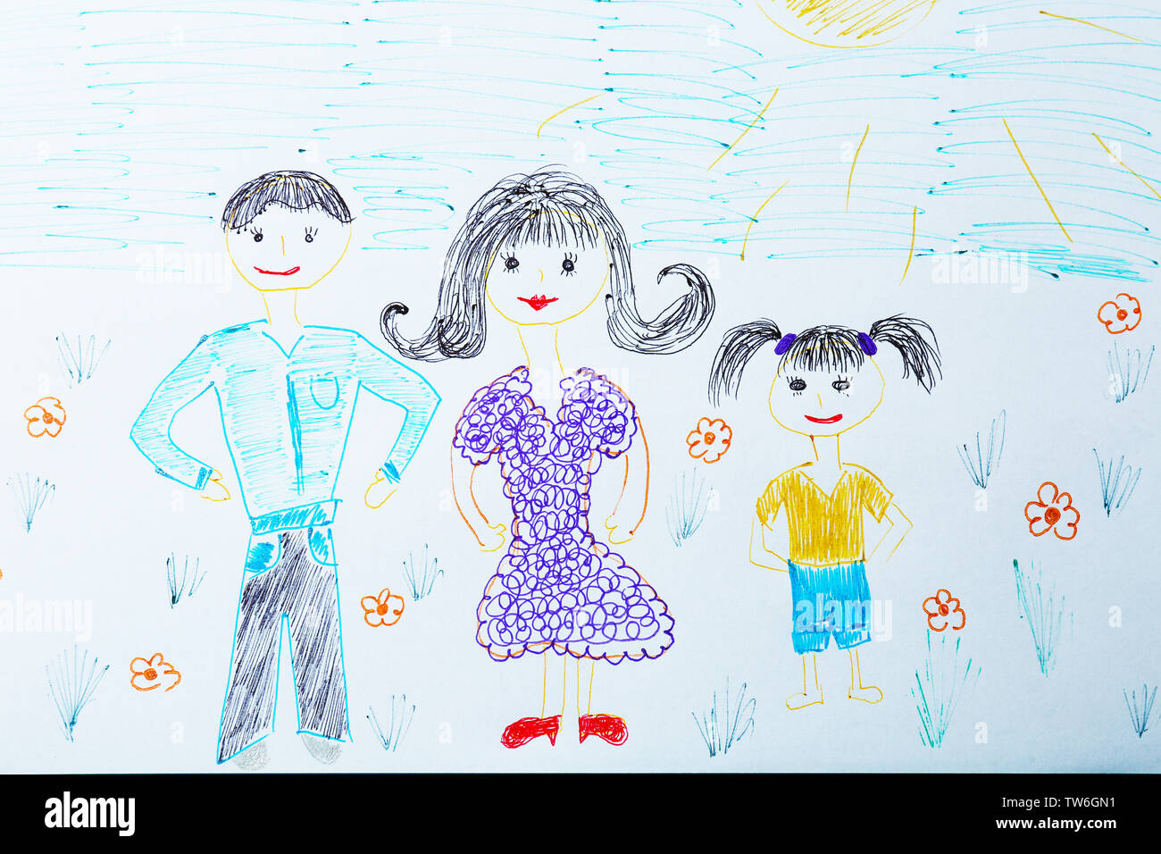 Bambino il disegno della famiglia felice Foto Stock