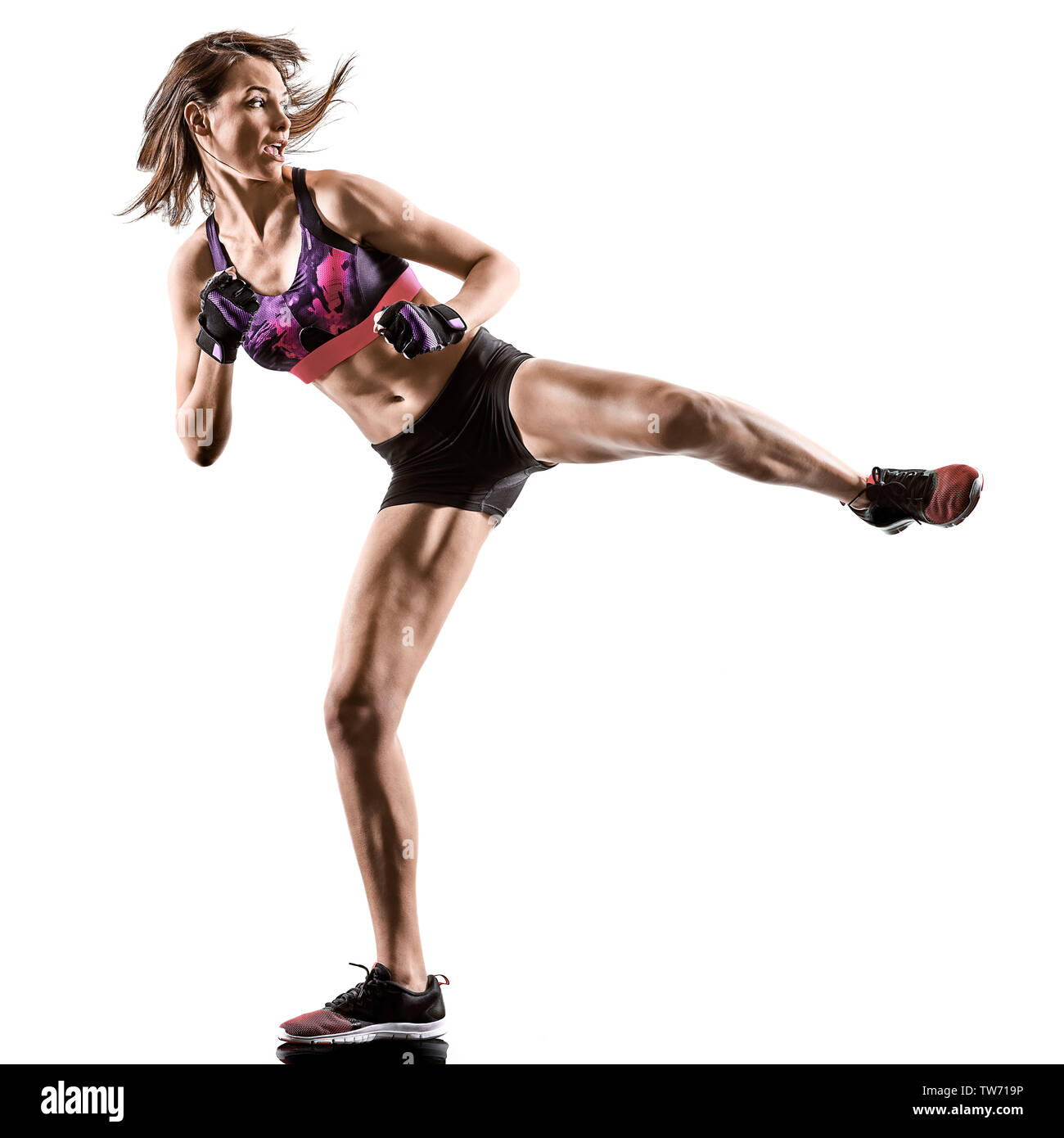 Una donna caucasica esercizio cardio boxe cross core fitness workout esercizio aerobica silhouette isolati su sfondo bianco Foto Stock