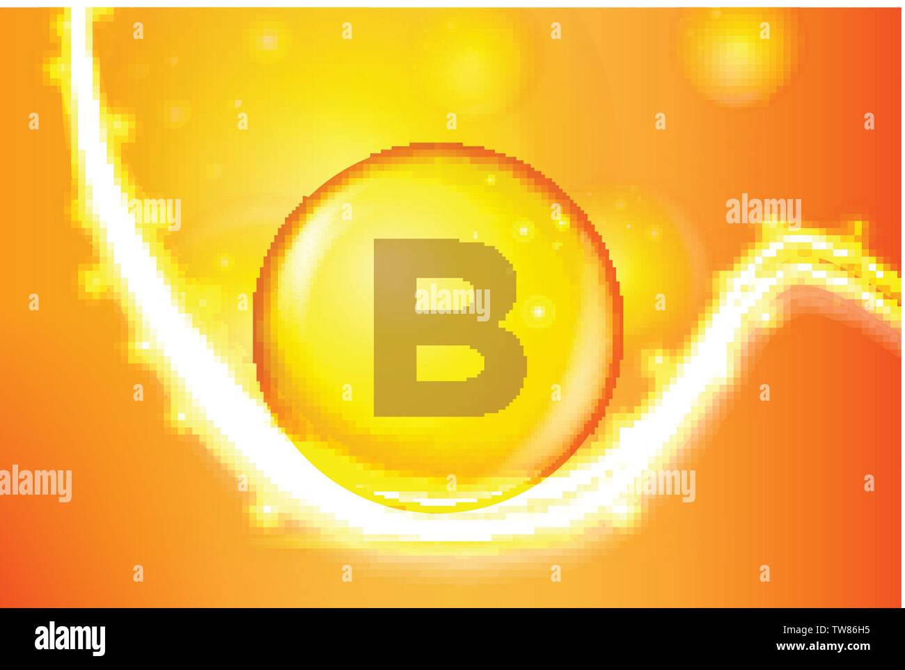Vitamina B oro pillola splendente capcule icona . Vitamina complesso con formula chimica Illustrazione Vettoriale