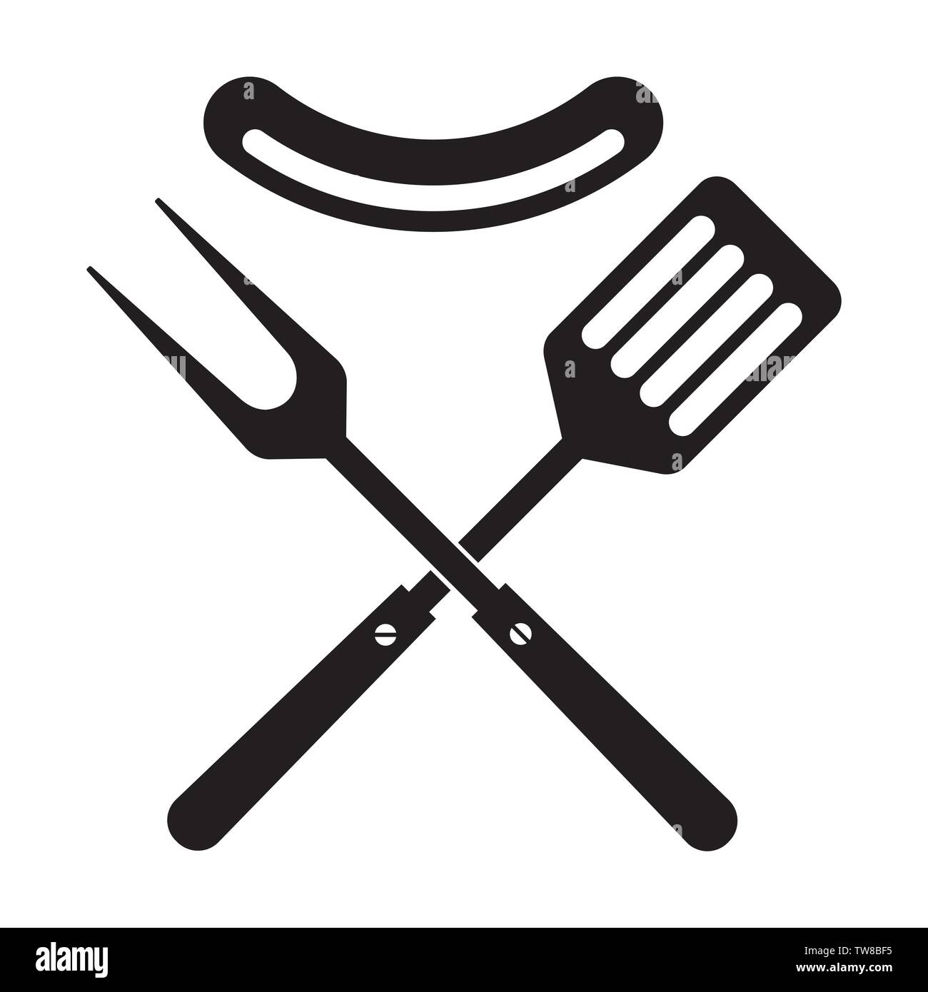 BBQ grill o icona strumenti. Attraversata la forcella barbecue e la spatola con la salsiccia. Il modello Symbol logo. Isolato illustrazione vettoriale su sfondo bianco. Illustrazione Vettoriale