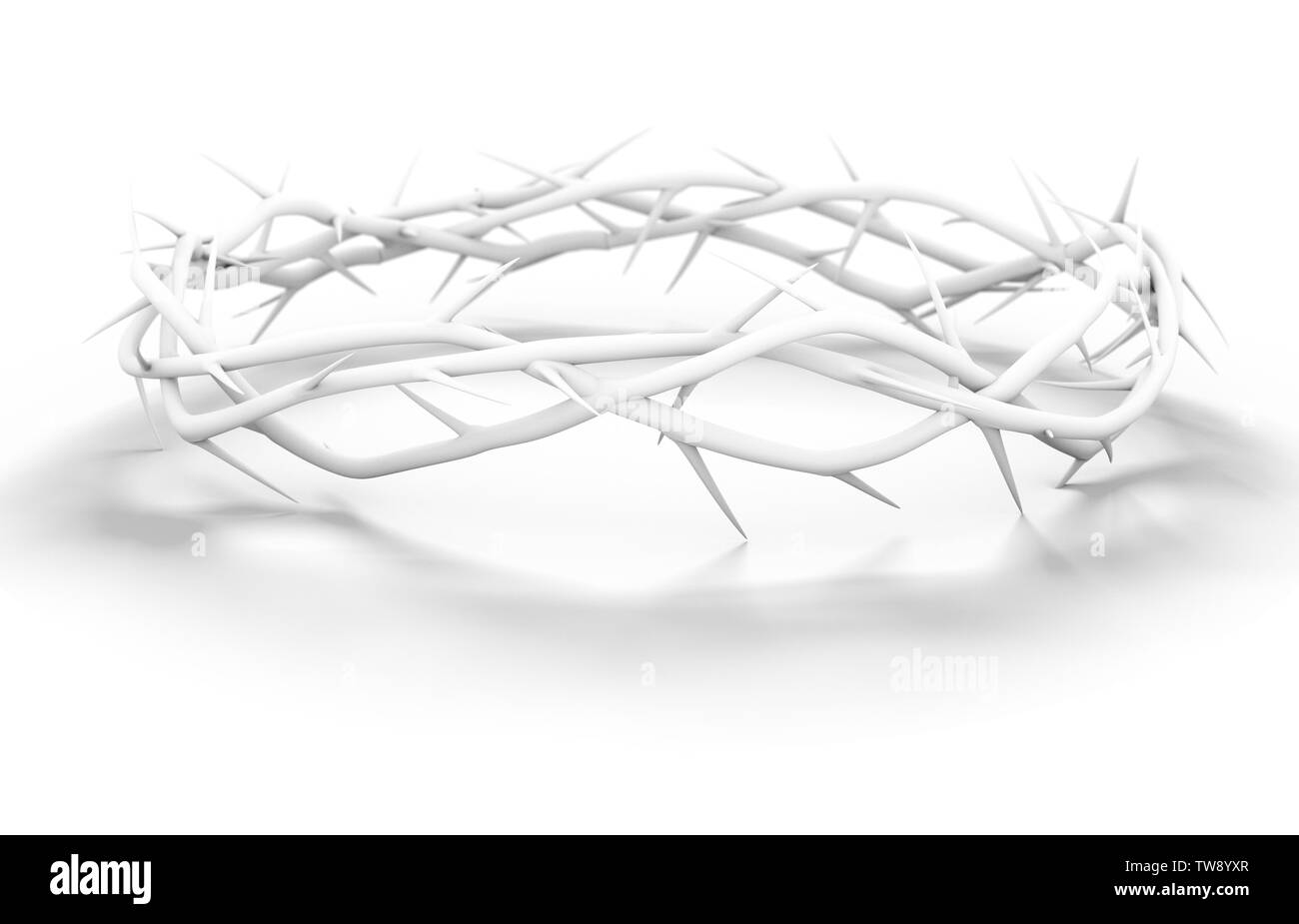 I rami di spine intessuti in una corona di colore bianco raffigurante la Crocifissione su uno sfondo bianco - 3D render Foto Stock