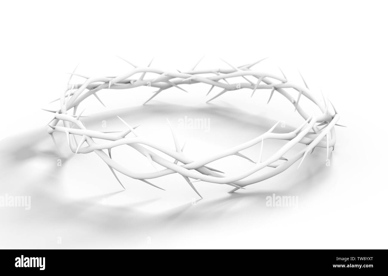 I rami di spine intessuti in una corona di colore bianco raffigurante la Crocifissione su uno sfondo bianco - 3D render Foto Stock