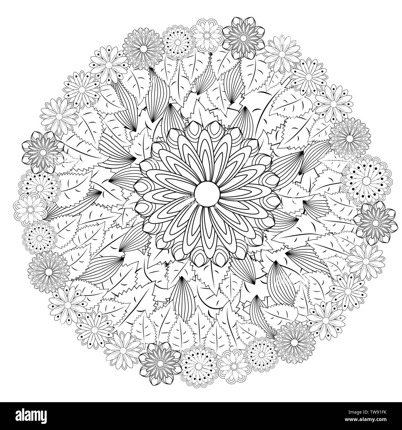 Mandalaa floreale stilizzato ornamento circolare. mandala floreali. in bianco e nero disegno. libro da colorare per bambini e adulti. pagina per artbook Illustrazione Vettoriale