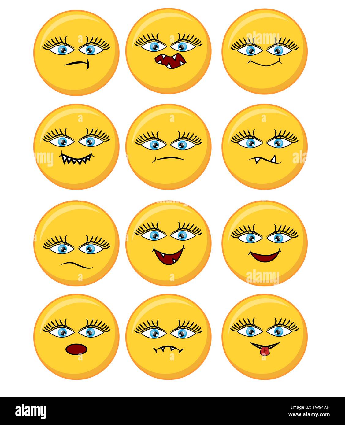 Set di felice, sorriso, ridere, gioioso, triste e arrabbiato pianto facce emoticon giallo. Illustrazione Vettoriale