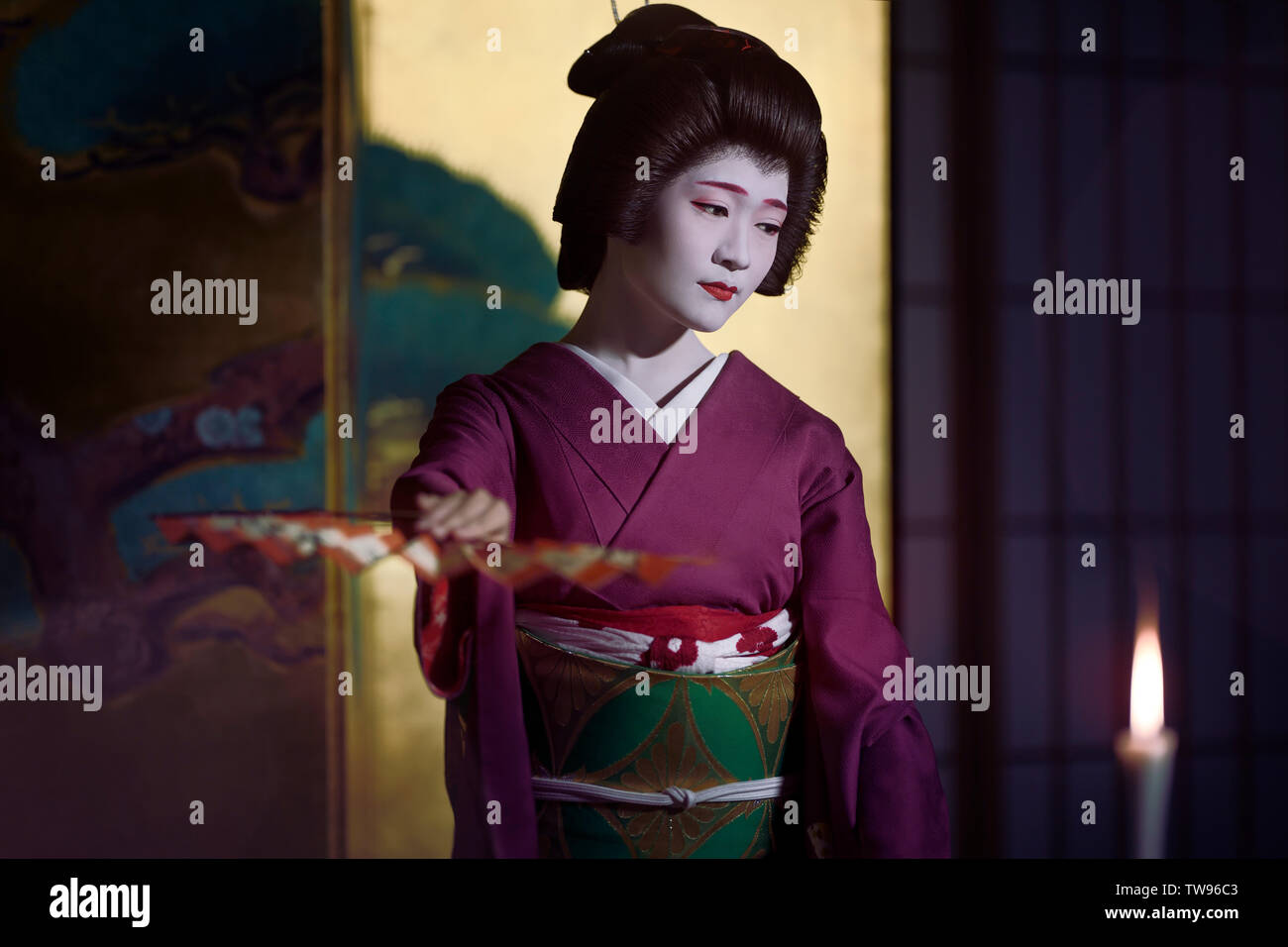 Licenza e stampe alle MaximImages.com:00 - Kyoto Geiko, Geisha giapponese, nella parrucca Shimada Nihongami, che esegue una bella danza tradizionale. Kyoto, Giappone Foto Stock