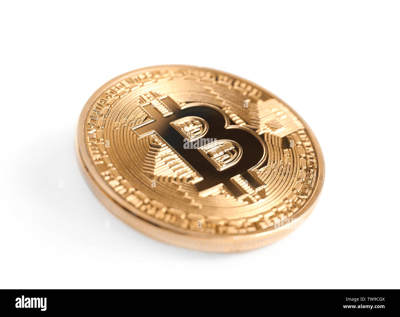 Golden bitcoin su sfondo bianco Foto Stock