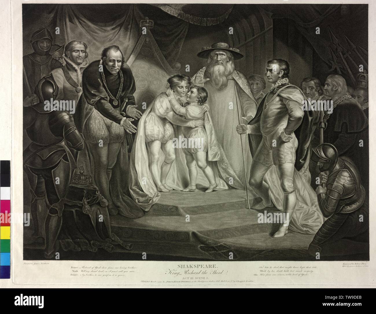 William Shakespeare: re Richard III, produzione progettazione, atto III, scena prima le due principe venite a soddisfare uno un altro, dietro di lui in piedi il cardinale Bouchier, Gloucester e Hastings nel racchiudere il gruppo. Buckingham girare te stesso con lo sguardo intelligente per entrambi i bambini incisione su rame in punteggiato da Robert Thew basato sulla pittura da James Northcote, foglio dal Shakespeare-Gallery von John Boydell, Additional-Rights-Clearance-Info-Not-Available Foto Stock