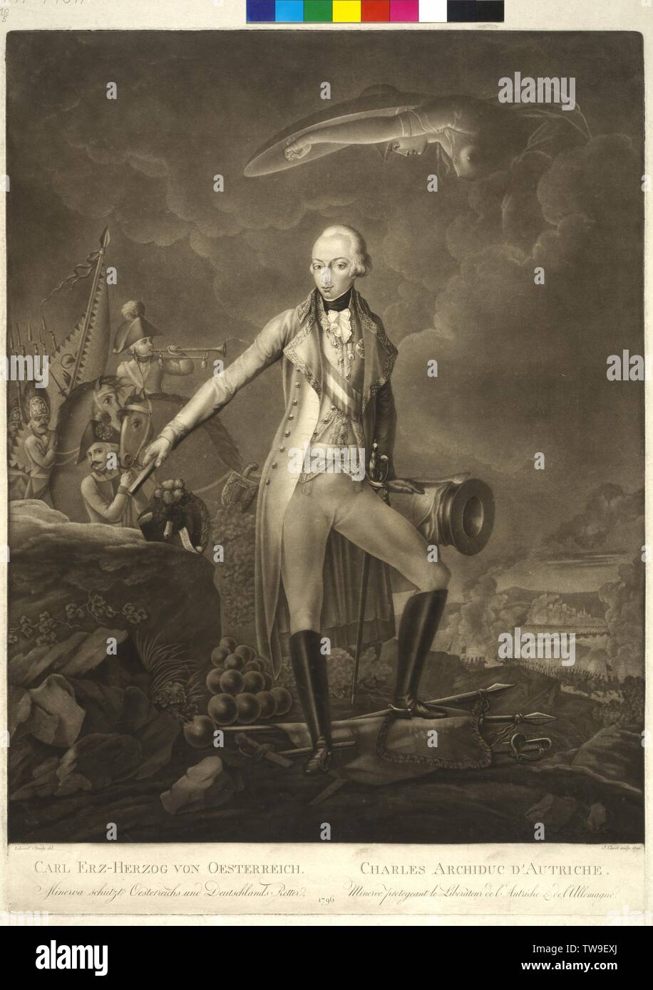 Carl Arciduca d'Austria. minerva mantiene il salvatore di Austria e Germania, mezzatinta da Giuseppe Clarot sulla base di un disegno da Eduard Stroehling, Additional-Rights-Clearance-Info-Not-Available Foto Stock