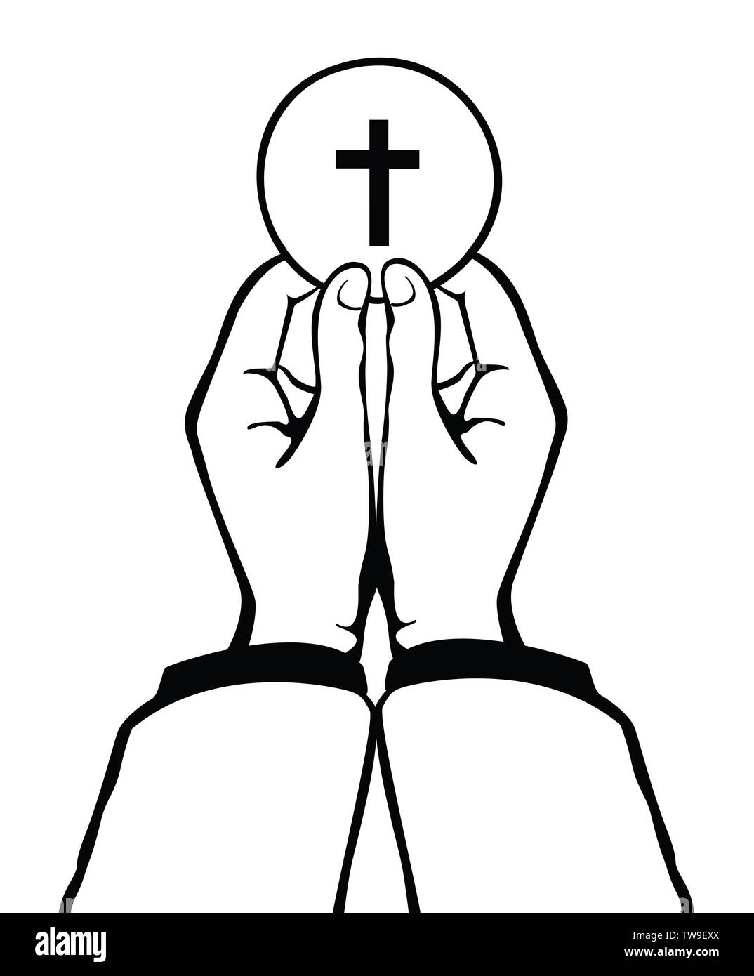 Luce di Dio , mano azienda Croce del cristianesimo e sfondo blu Foto Stock