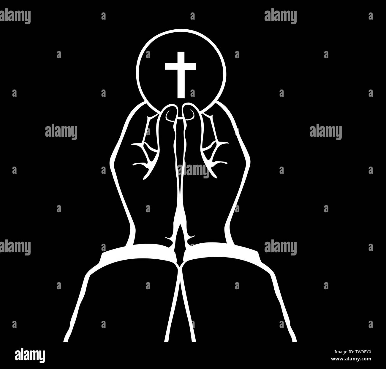 Luce di Dio , mano azienda Croce del cristianesimo e sfondo blu Foto Stock