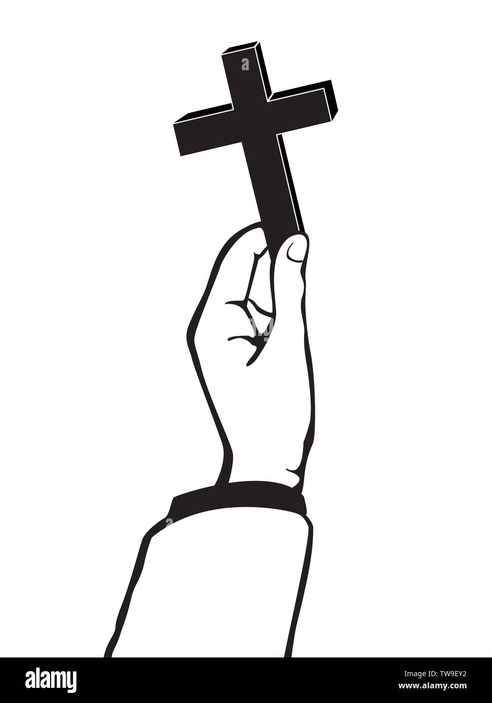 Luce di Dio , mano azienda Croce del cristianesimo e sfondo blu Foto Stock