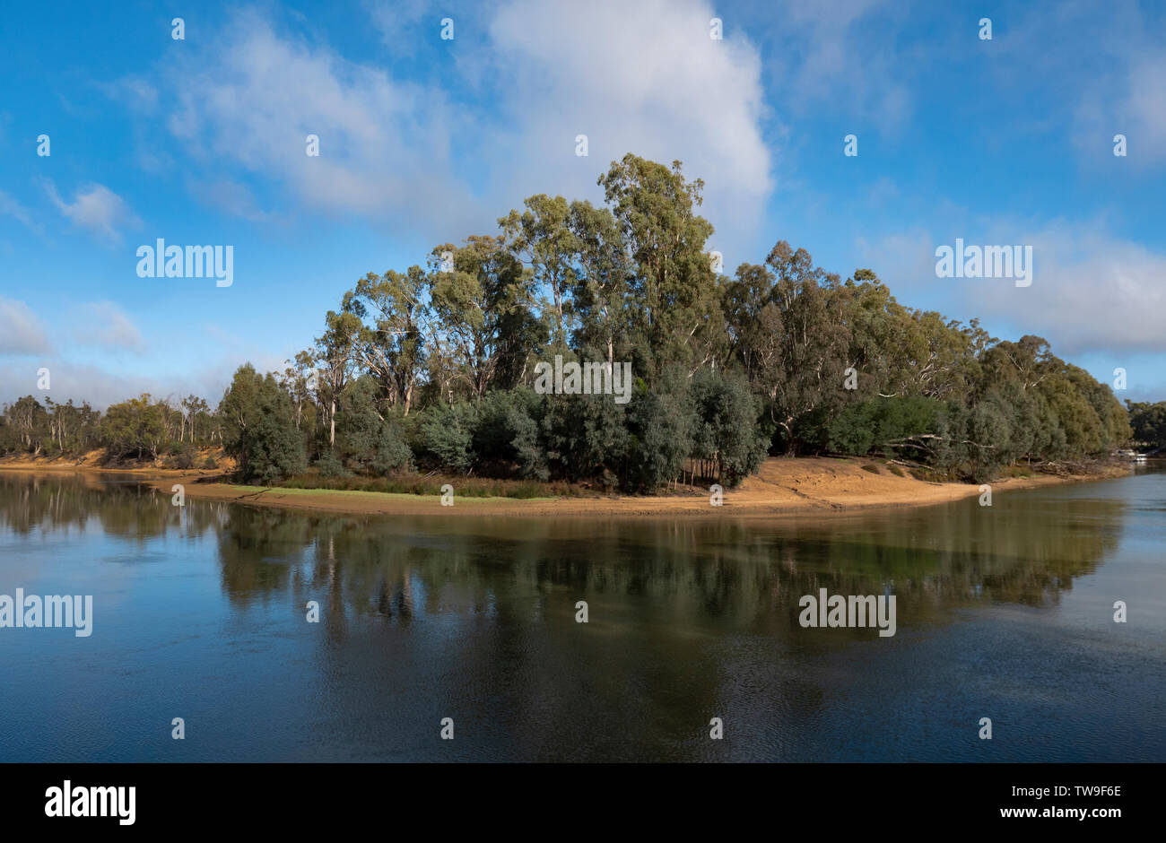 Il fiume Murray vicino a Echuca Victoria, Australia con il blu del cielo e le acque non frizzanti. Foto Stock