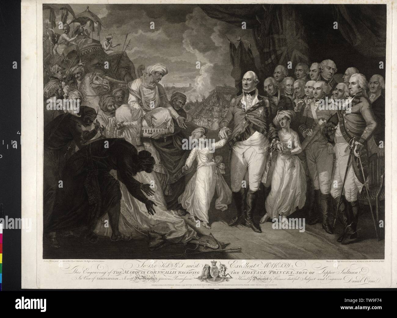 I figli del Sultano Tipu genesi Signore Cornwallis come ostaggio presente, una delegazione di Indiani con gli elefanti e cavalli offrendo due figli del Sultano Tipu presso l'inglese. sulla destra Maquris Cornwallis con due principe indiano, egli a mani tenere, vari ufficiali britannici dietro. vista Seringapatam. (Con codice di figura confronta PK 511, 54a), di attacco / incisione su rame di Daniel Orme sulla base di pittura di Math marrone. rilasciare von Daniel e Edward Orme. con iscrizione presso il re George III d'Inghilterra e il suo stemma, Additional-Rights-Clearance-Info-Not-Available Foto Stock