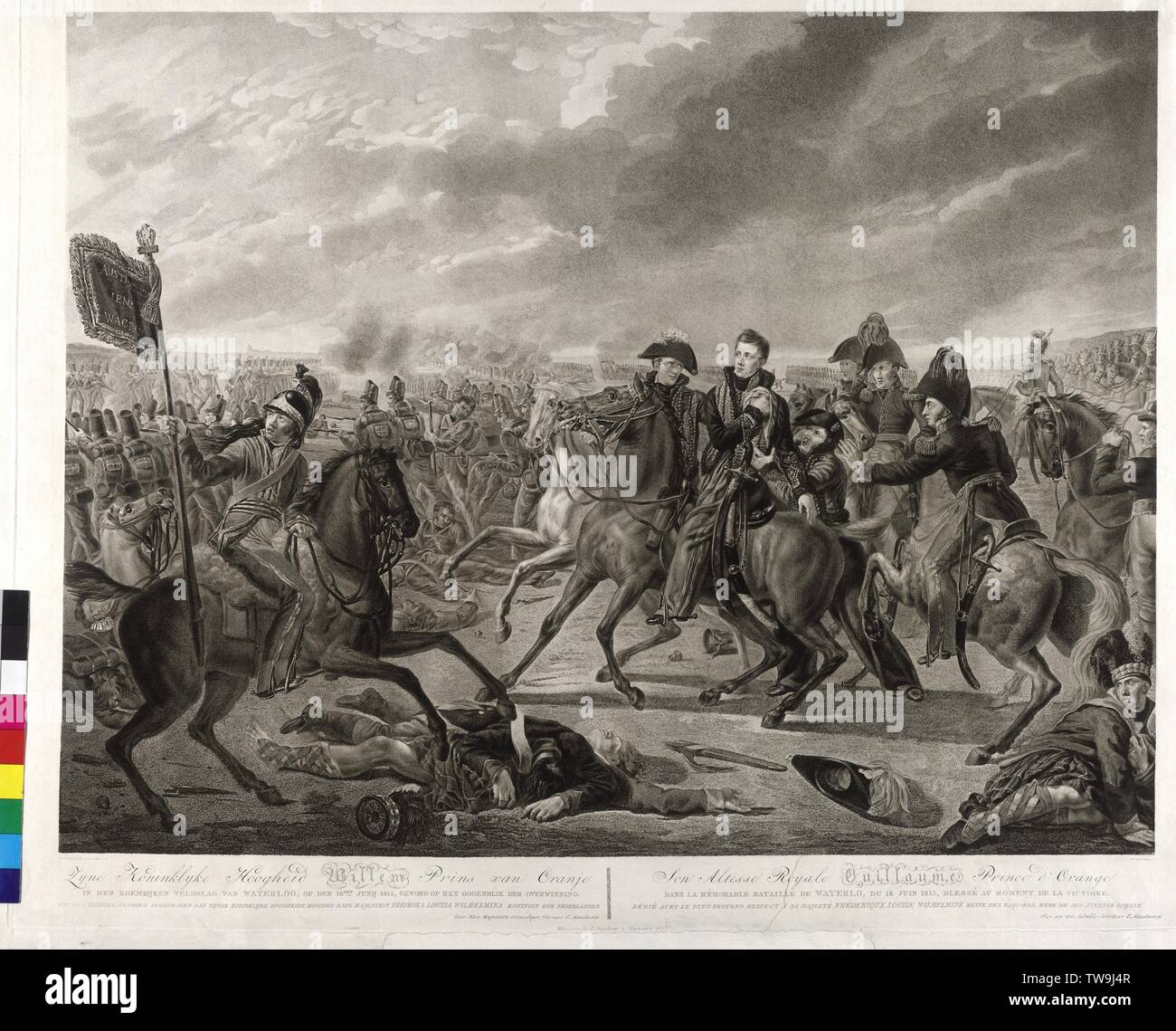 Il più tardi Re Guglielmo II dei Paesi Bassi il cavallo di battaglia di Waterloo, scena dall'ultima fase della battaglia di Waterloo il 18.6.1815. in tick come le truppe degli alleati la sua vittoria anticipo riportato è il Principe Wilhelm di Orange, il più tardi il Re Guglielmo II dei Paesi Bassi, colpito. Il principe sul cavallo, tenendo voi stessi il suo danneggia la spalla e dal suo accompagnatore è un marchio. in primo piano la persona uccisa in azione da un reggimento scozzese. da destra di un cavaliere con un catturato vittoria francese banner con il nome del macellaio di Sl, artista del diritto d'autore non deve essere cancellata Foto Stock