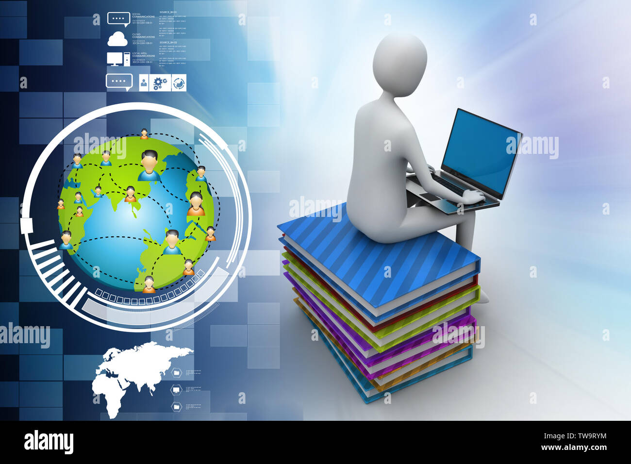 3d uomo seduto su libri e lavorando al suo computer portatile Foto Stock