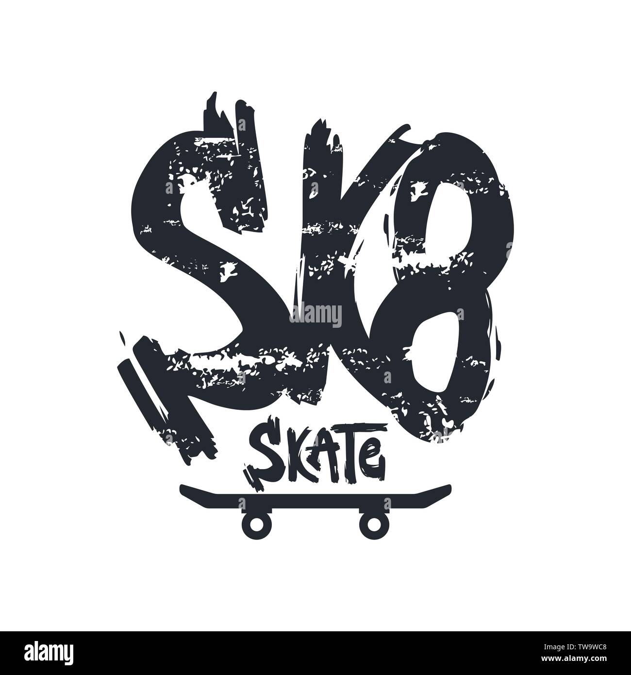Sk8 grunge vecchia scuola lettering del vettore. Vernice secca pennellata guidatore di skateboard slogan. Inchiostro nero texture strisci di frase. Skateboard con la tipografia. Illustrazione Vettoriale