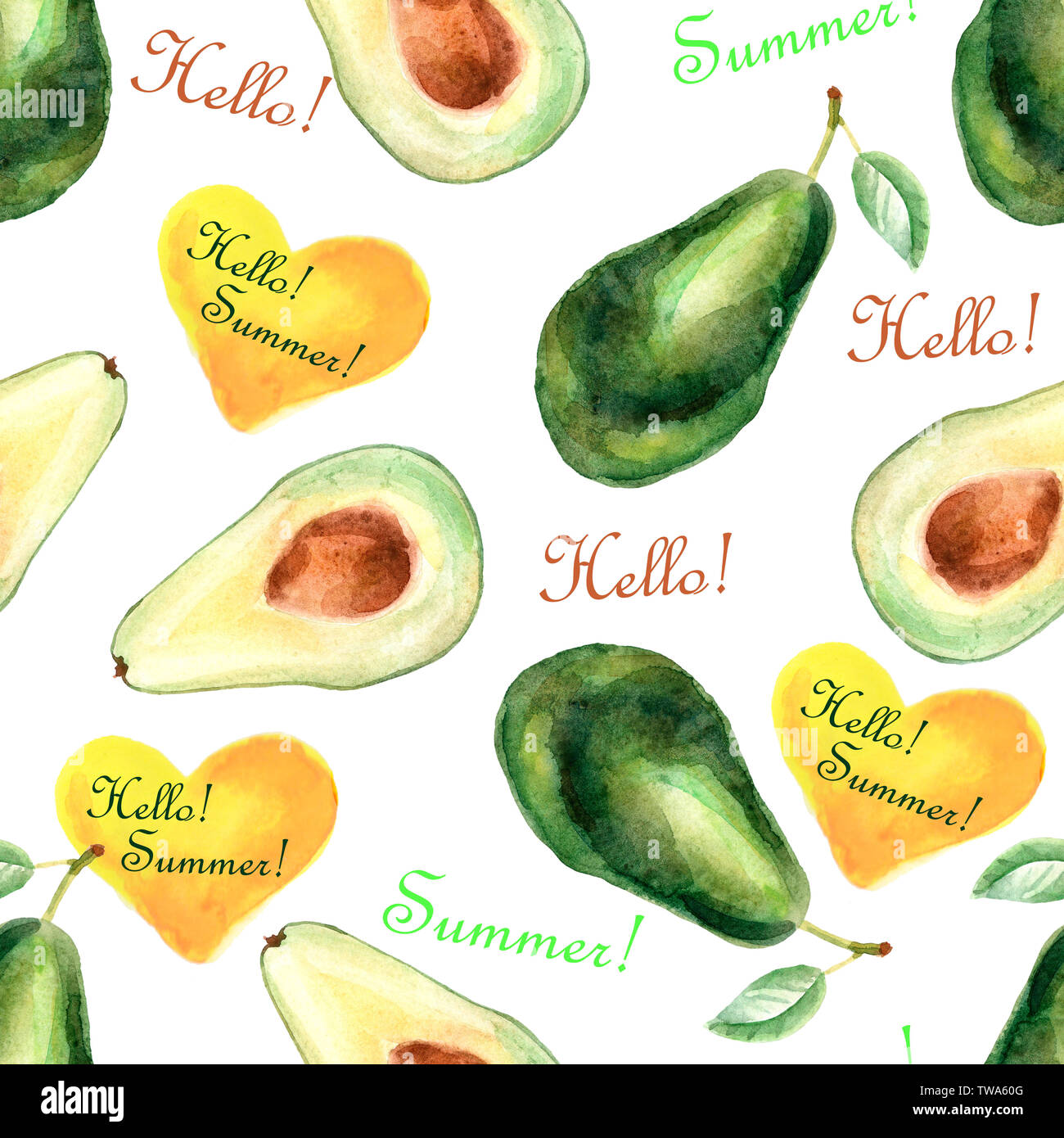 Acquarello tropicale modello senza cuciture con avocado e testo isolato su uno sfondo bianco Foto Stock