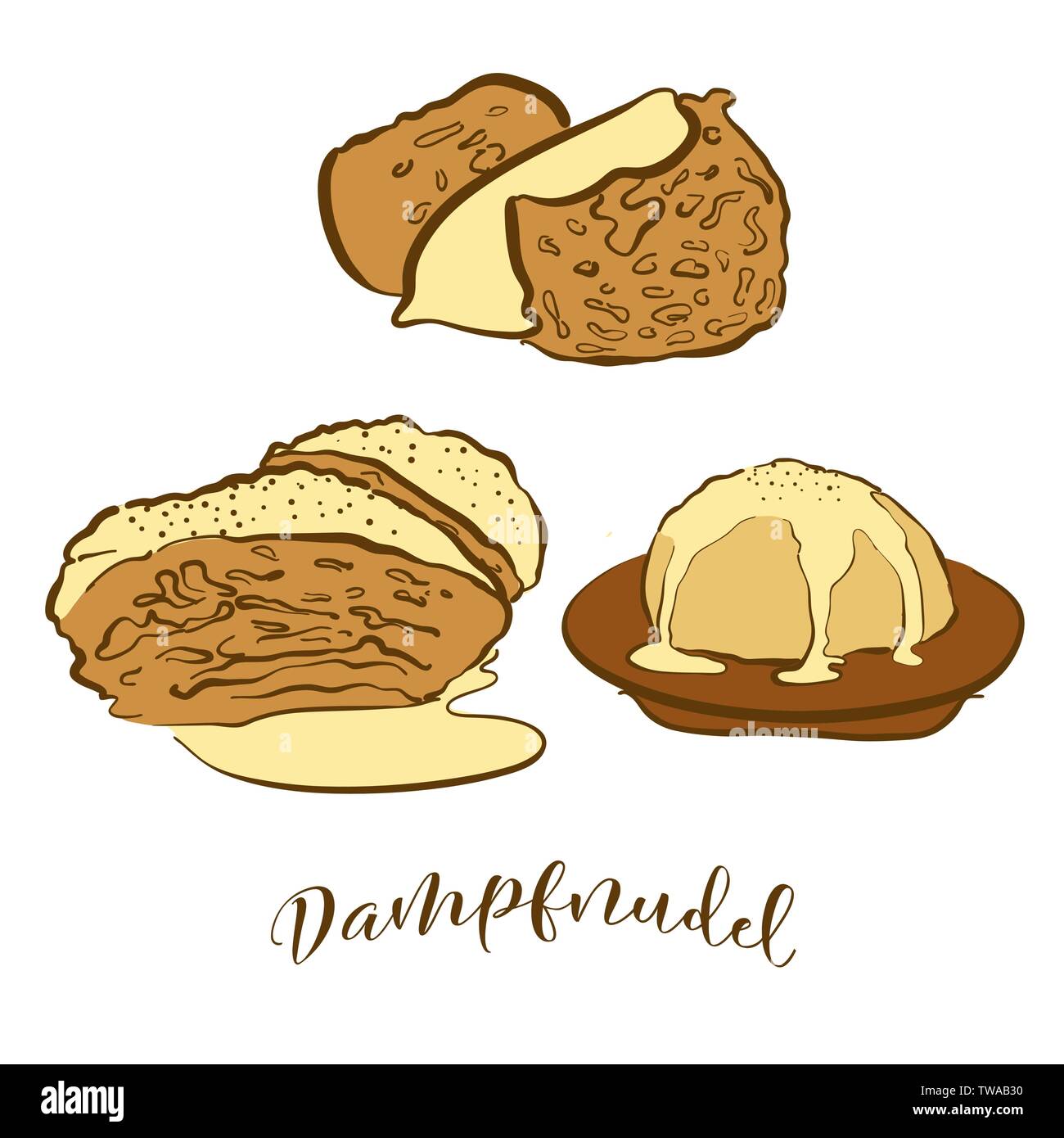 Schizzi di colore del pane Dampfnudel. Vettore di disegno di pane dolce cibo, usualmente noto in Germania. Pane colorato illustrazione serie. Illustrazione Vettoriale