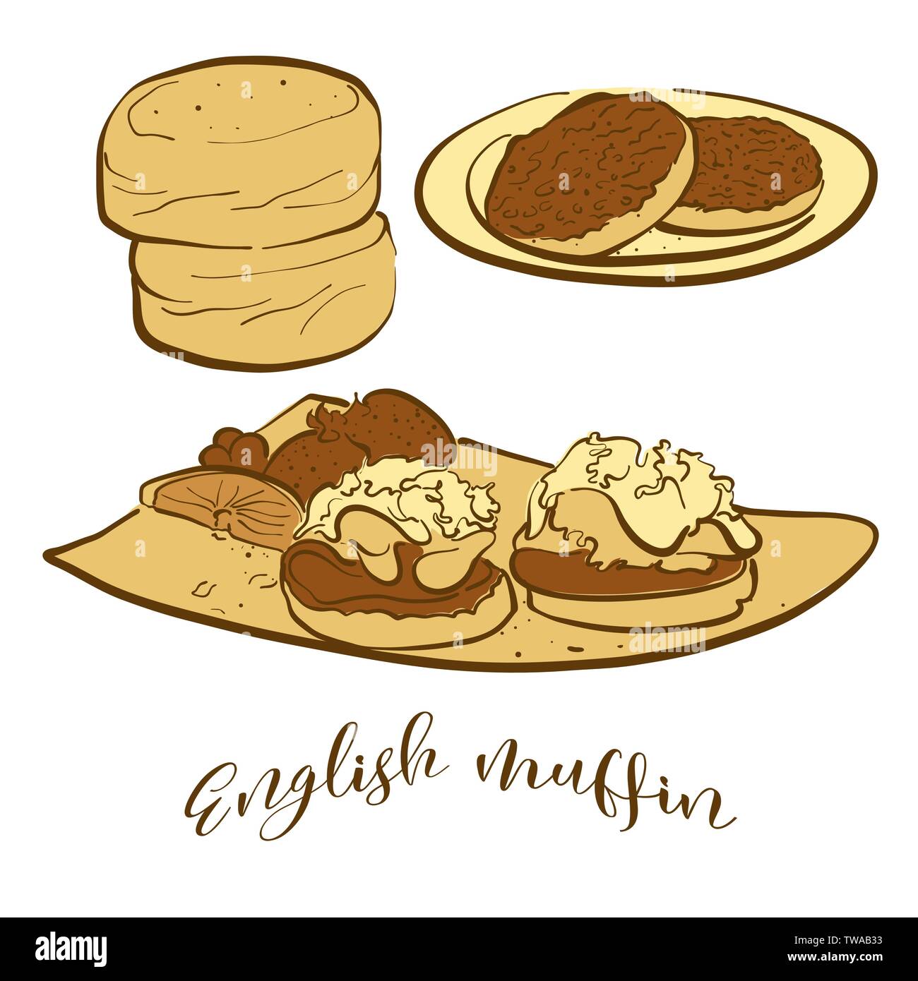 Schizzi colorati di muffin inglese il pane. Vettore di disegno di pane di lievito alimentare, usualmente noto nel Regno Unito. Pane colorato illustrazione serie. Illustrazione Vettoriale