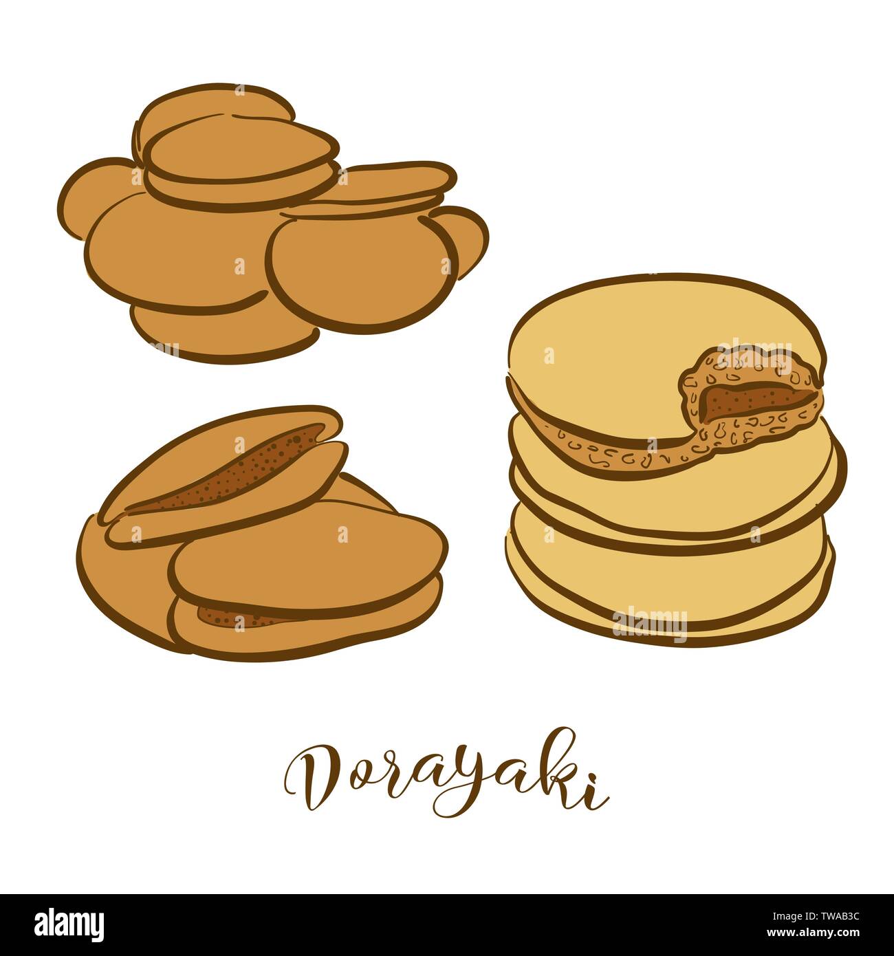 Schizzi colorati di Dorayaki pane. Per il disegno vettoriale Pancake di cibo, usualmente noto in Giappone. Pane colorato illustrazione serie. Illustrazione Vettoriale